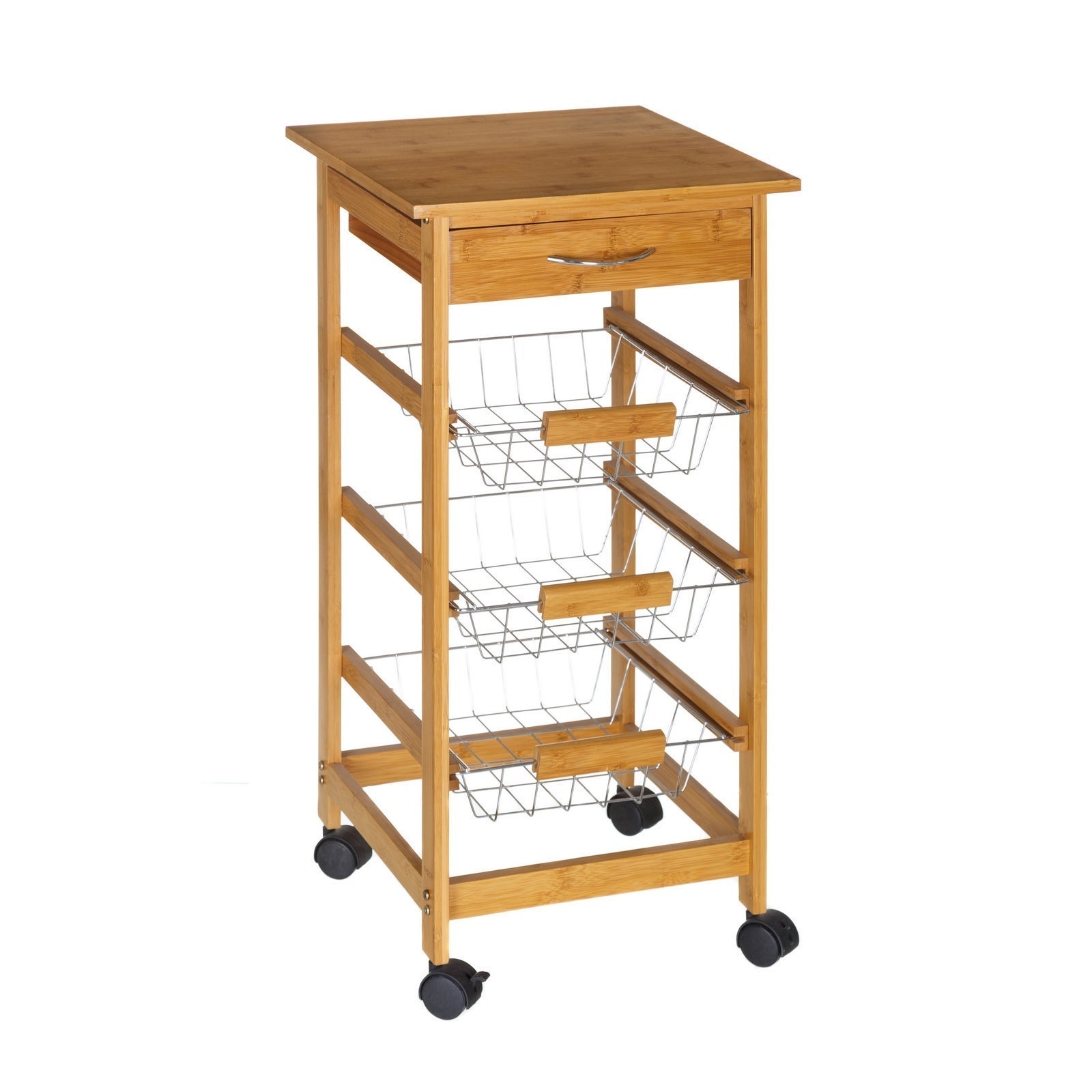 Carro verdulero de bambú con 3 cestas de metal y cajón para cocina Organiza fruta y cubiertos con estilo natural. Incluye ruedas para moverlo con facilidad. 37x37x77 cm. CasaSelección