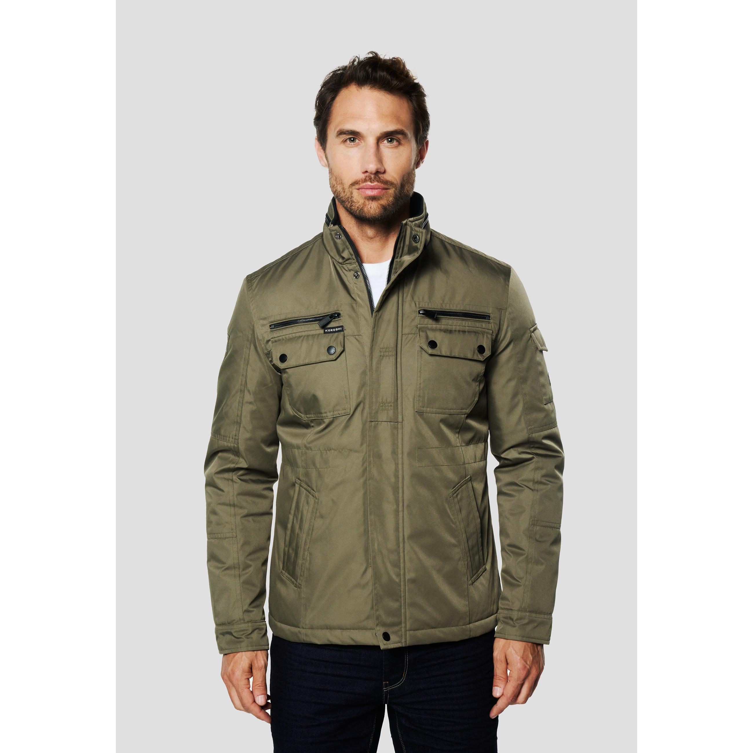 Koroshi - Chaqueta técnica estilo field para hombre, 100% poliéster, cuello alto y cuatro bolsillos con cremallera, ideal para entretiempo urbano