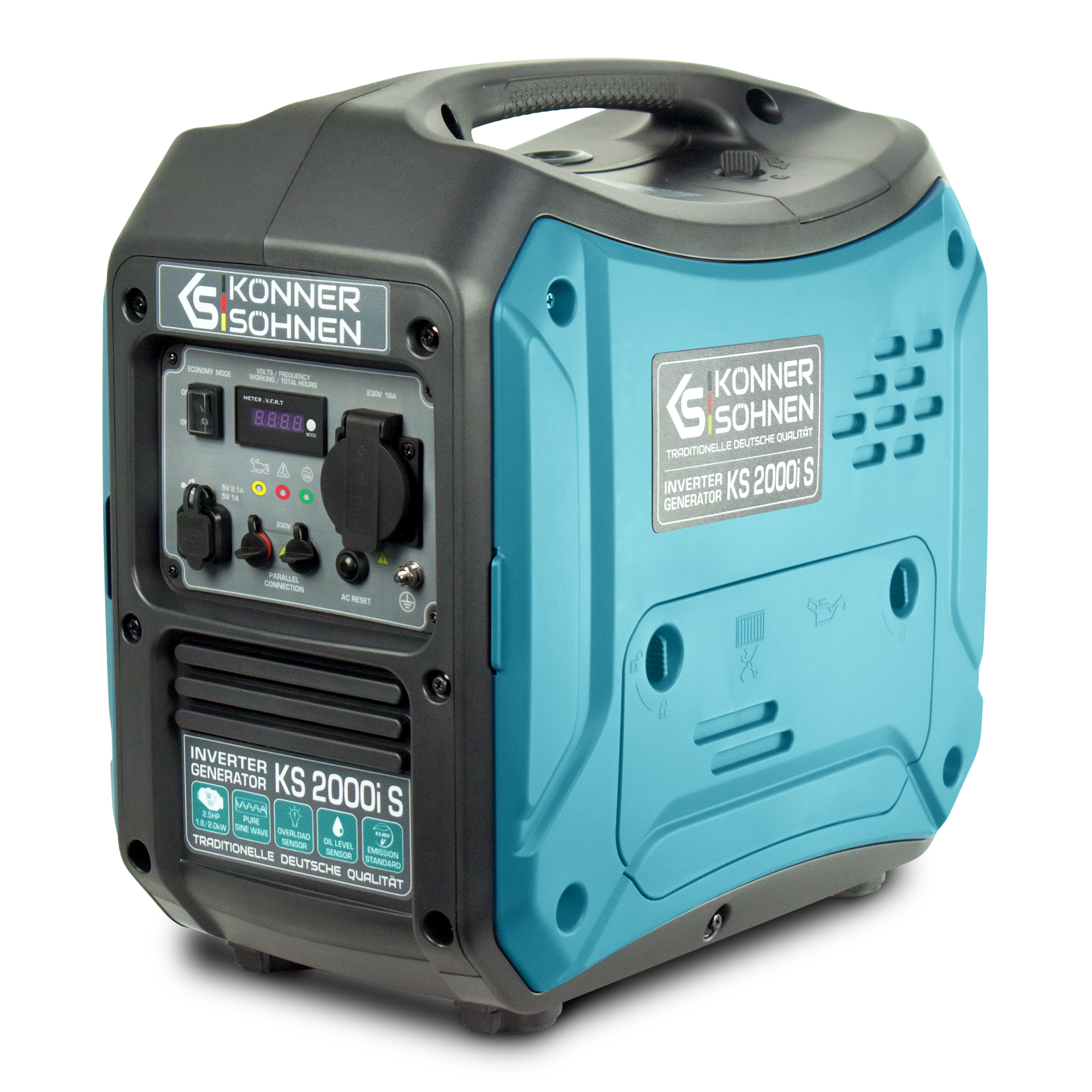 Generador inverter Könner & Söhnen KS 2000i S con la carcasa insonorizada (62 dB Lpa 7 m) de una potencia máxima de 2000W, 1xSchuko 230V, 2 puertos USB, pantalla LED, modo de ahorro, bobinado de cobre, protección ante sobrecargas y cortocircuitos, EURO V