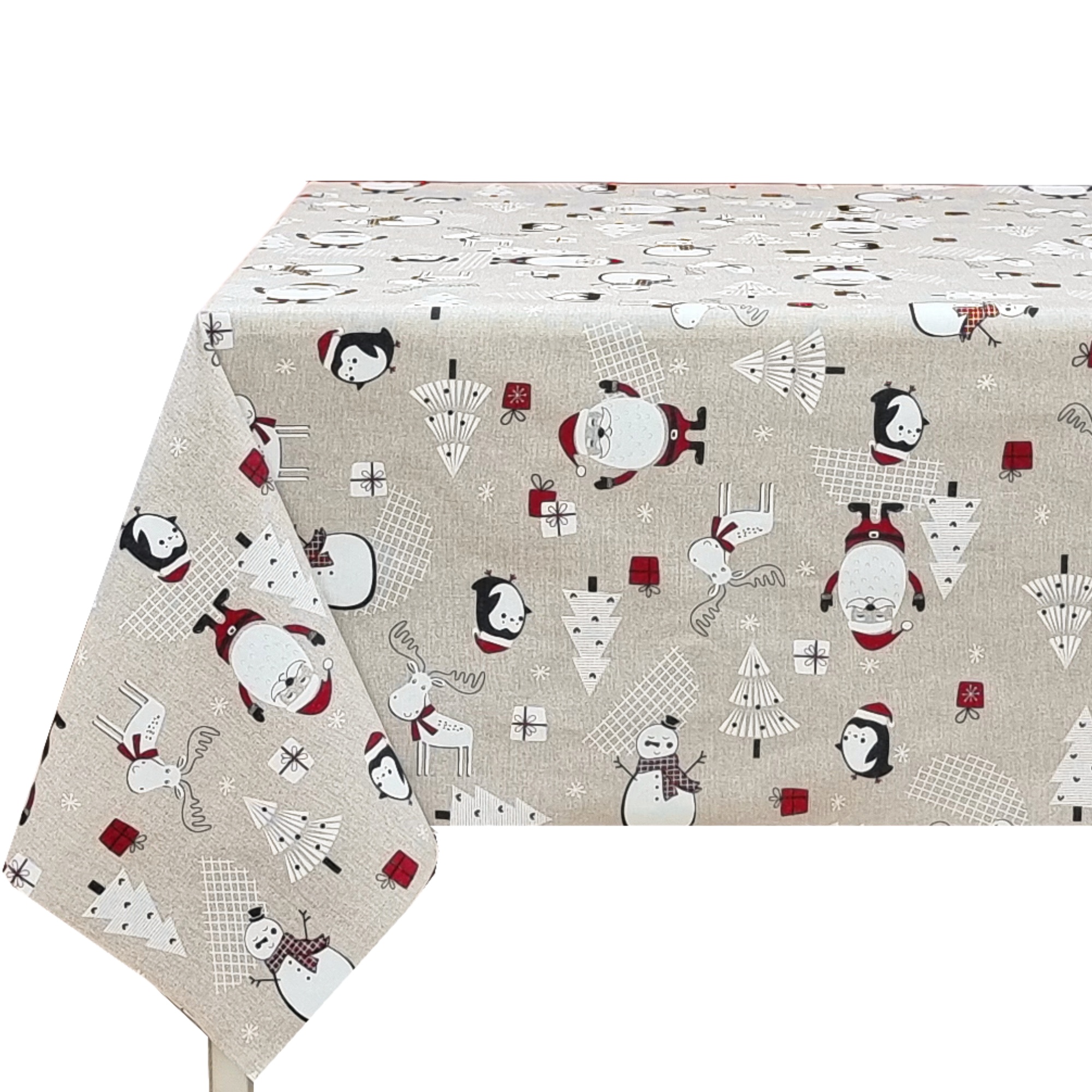 Mantel de Navidad de Tela Resinada Antimanchas, Diseño Navideño con Fondo Beige Efecto Lino, Fácil de Limpiar, para Cocina, Comedor y Decoración de Fiestas Navideñas
