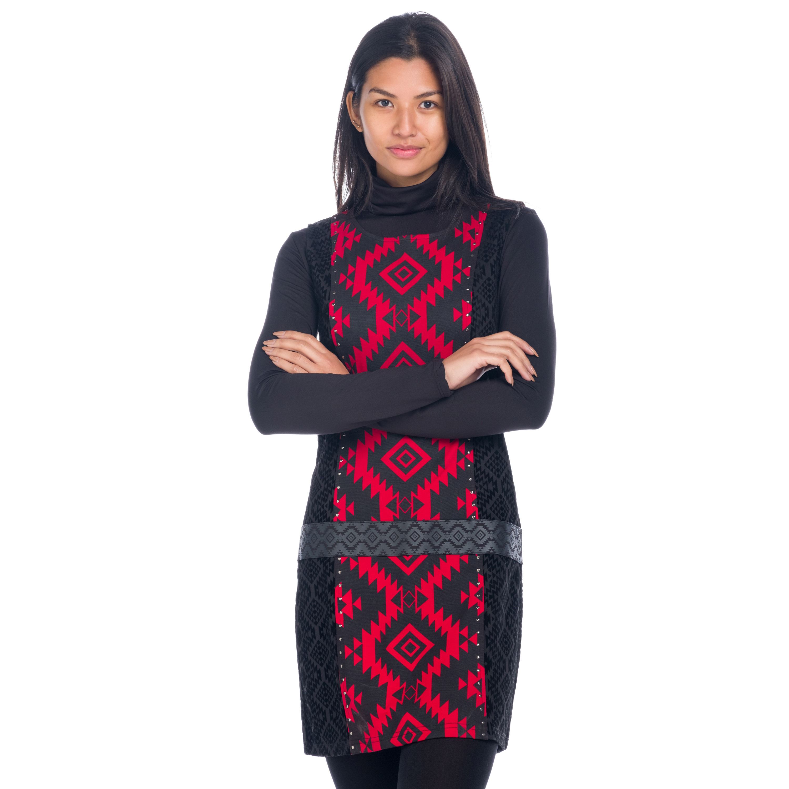 Koroshi - Vestido sin mangas punto roma con estampado azteca geométrico para mujer, corte recto mini y banda decorativa con tachuelas en cintura