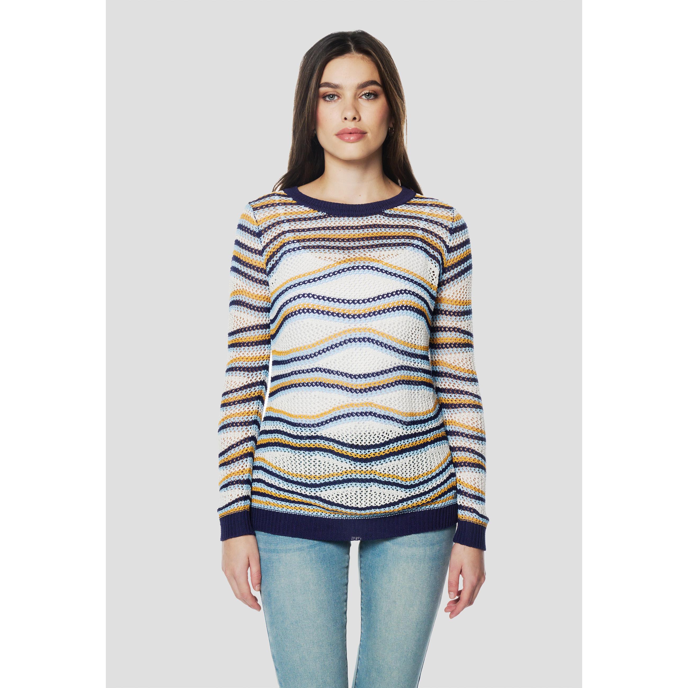 Koroshi - Jersey de mujer tricot rayas multicolor con hilo metálico 85% viscosa para entretiempo, manga larga y escote redondo