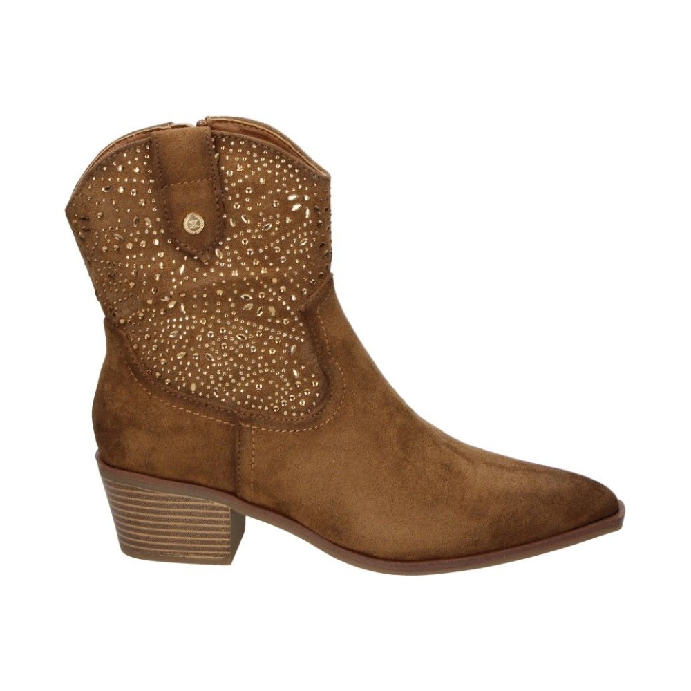 XTI | Botines Camperos XTI para Mujer – Botines de Tacón en Color Camel con Brillos – Botines Cowboy con Cremallera – Tacón Medio y Cómodo – Combinables y Versátiles – Modelo 144309