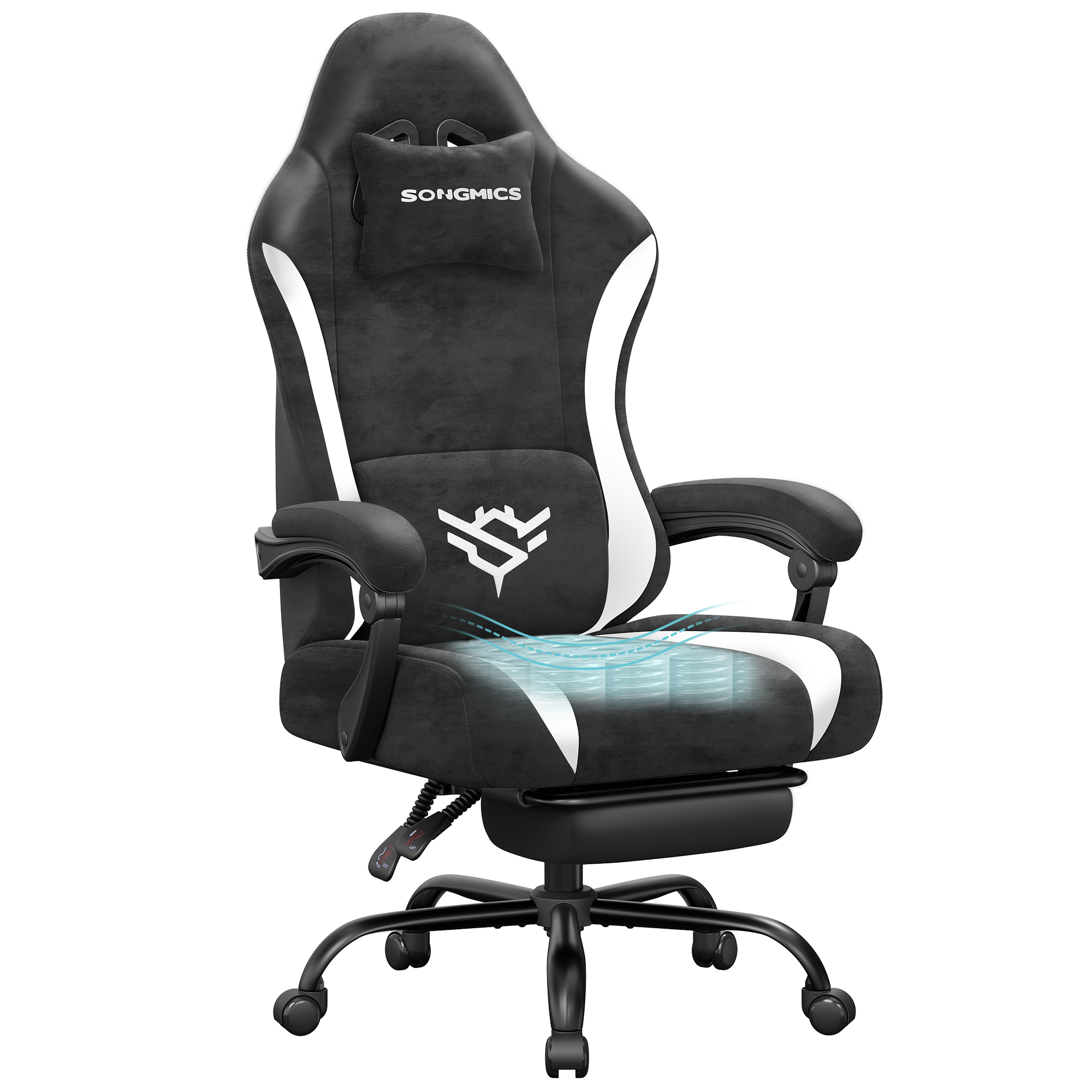 SONGMICS Silla Gaming Ergonómica Reclinable 135° con Reposapiés, Fibra de poliéster, 70 x 70 x 120-130 cm, Negro/Gris