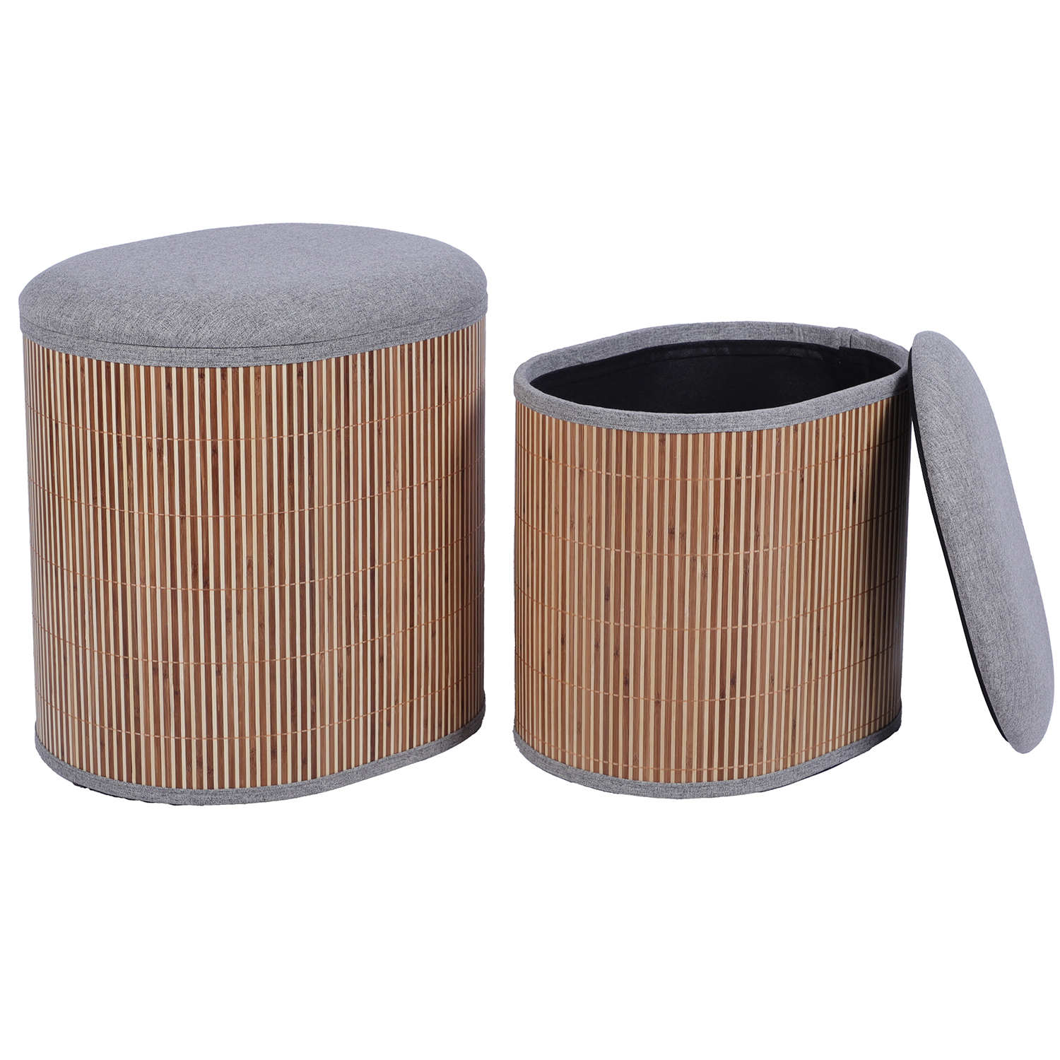 Set 2 pufs almacenamiento bambu con tapa gris oscuro acolchada 44x35x43 y 40x30x36cm