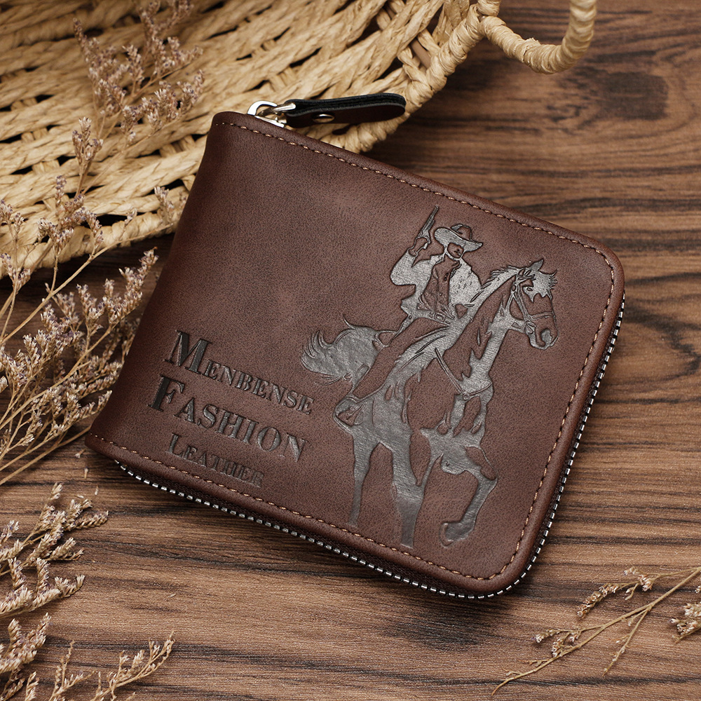 TK Cartera corta retro para hombre, triple pliegue, con relieve de caballero cazador, billetera multitarjeta, billetera con cadena