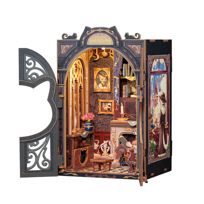 CuteBee Book Nook Count Cat's Study - Kit de Miniatura DIY de Madera con Luz LED - Maqueta Puzzle 3D Decorativa