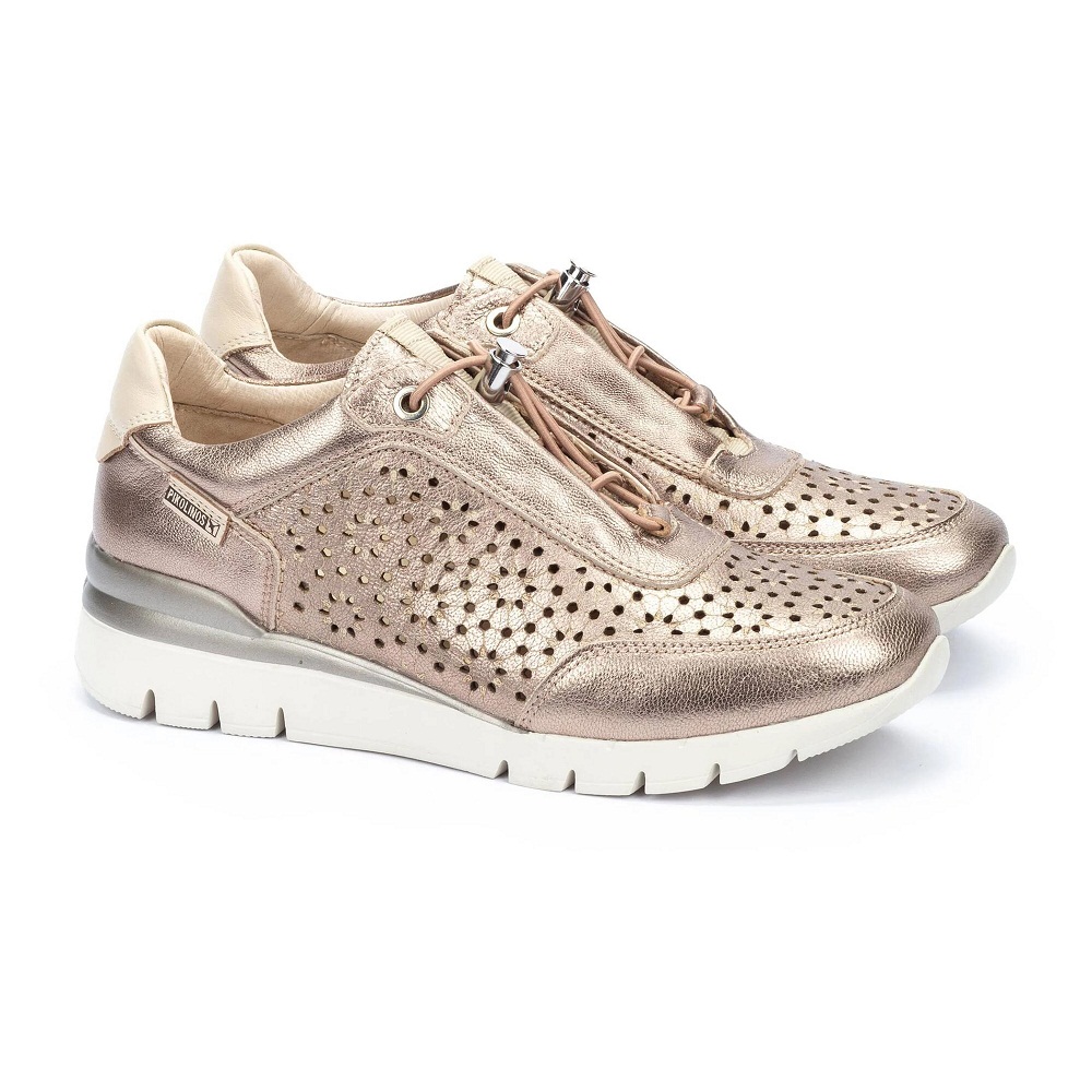 PIKOLINOS CANTABRIA W4R-6584CL Deportivo con detalles en flor para mujer, en piel de primera calidad, color stone, cordones elásticos con mosquetón, fáciles de calzar.