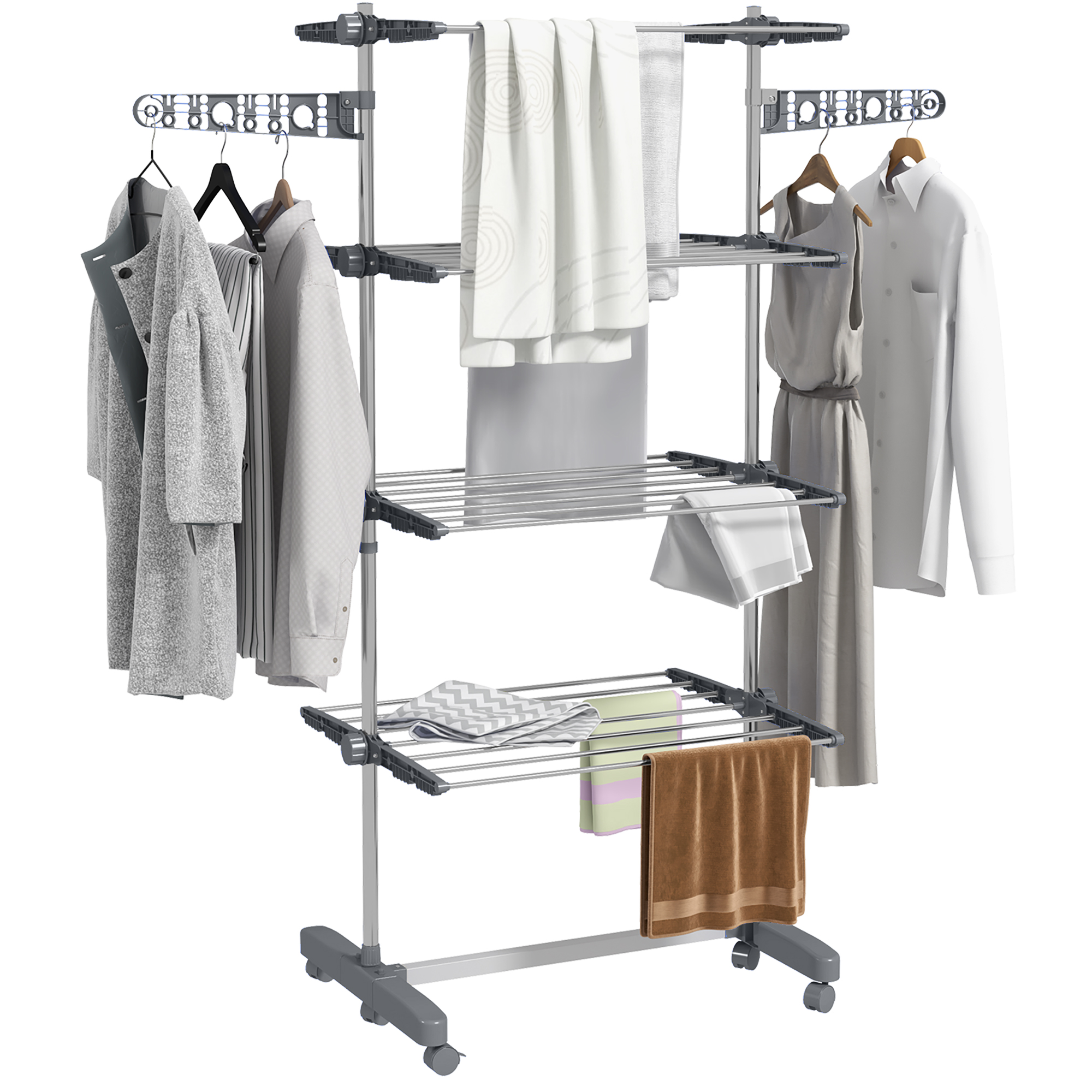 HOMCOM Tendedero Vertical Plegable Tendedero de Ropa con 6 Ruedas 2 Laterales Abatibles Estantes Ajustables y Marco de Acero Inoxidable para Interior y Exterior Gris y Plata