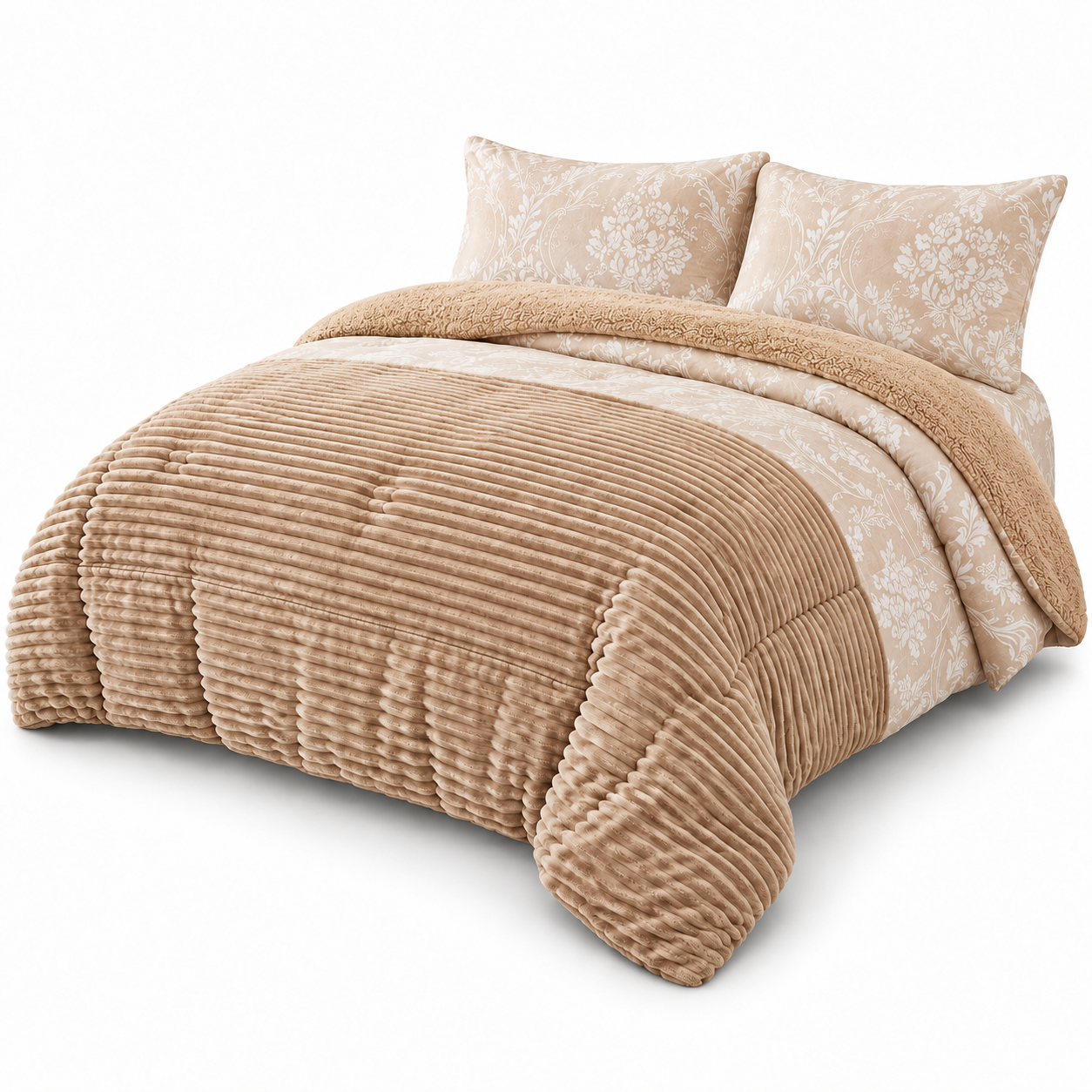 Edredón de Borreguito con Fundas de Almohada, Colcha de Invierno Cálida y Suave, Tejido de Canalé y Diseño Floral, para Cama de 90, 135 y 150 cm