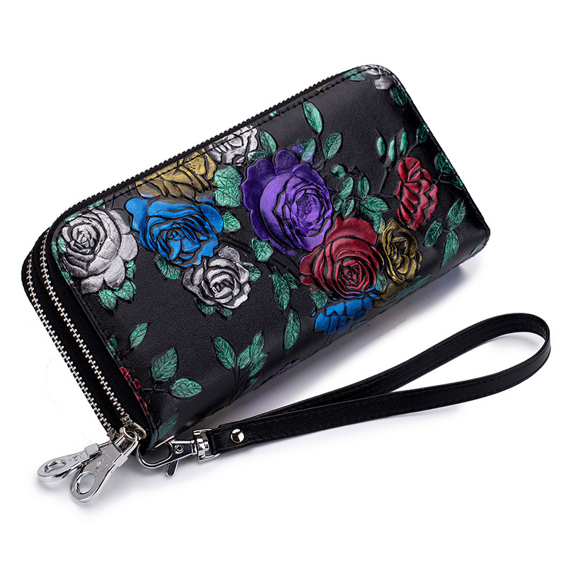 Cartera de cuero genuino con doble cremallera para mujer, bloqueo RFID, doble cremallera, pintada a mano con estampado floral en relieve, gran capacidad