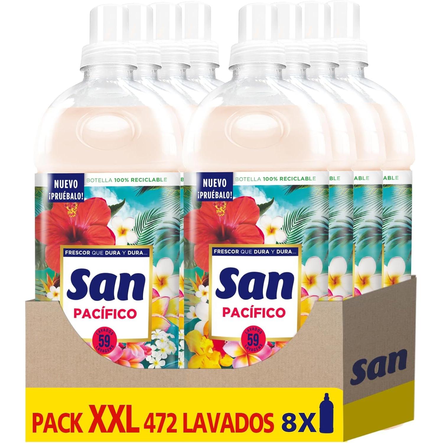 SAN Suavizante Ropa Lavadora Líquido Concentrado Pacífico, Pack de 8 x 59 Lavados = 472 Dosis, Fragancia Tropical, Vibrante e Intensa, Extra Suavidad y Frescura, Apto para Todo Tipo de Tejidos, Facilita el planchado