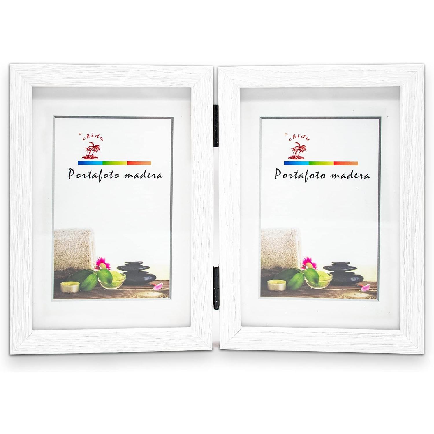 C.A | Marco de Fotos Doble | Plegable de Madera Blanca | 2 Fotos | Diseño Decorativo