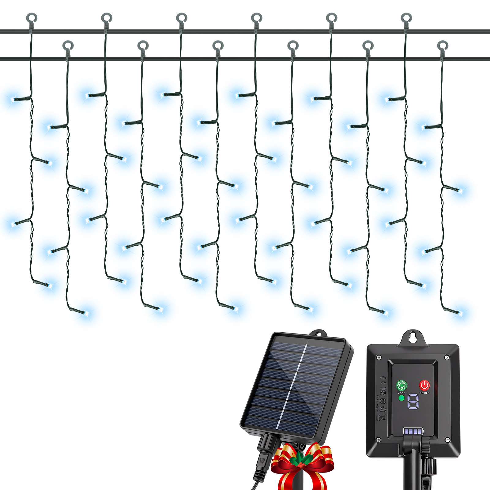 Aigostar Cortina Luces Navidad para Exterior Solares, 3M+5M*0.6M 100 LED 8 Modos, Cortinas de Luz Navidad Exterior, IP65, Visualización del nivel de batería, para Bodas, Fiestas.