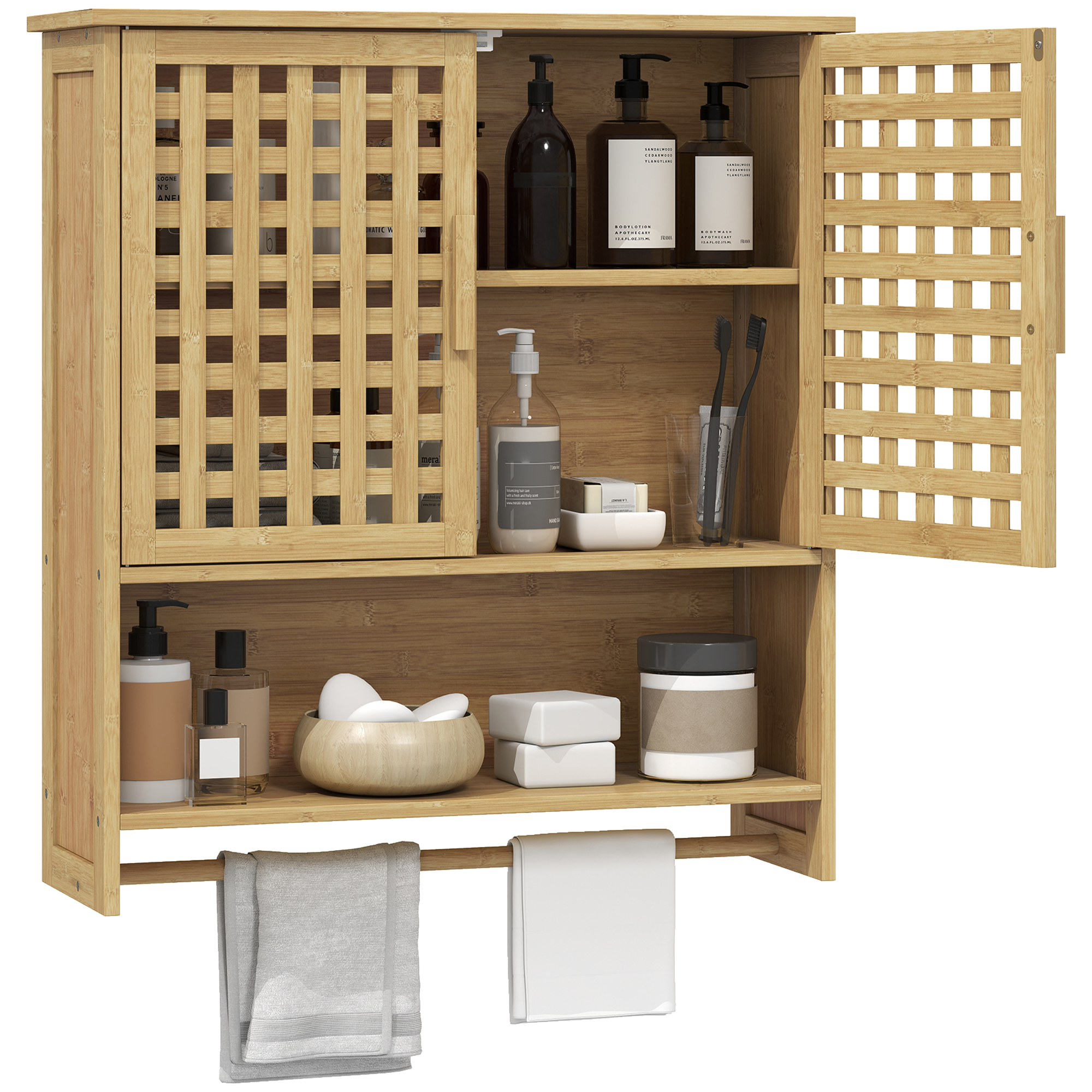 HOMCOM Armario de Baño de Pared de Bambú, Mueble de Baño Colgar con 2 Puertas de Celosía, Estante Abierto y Estante Ajustable, para Cocina, Lavadero, Natural