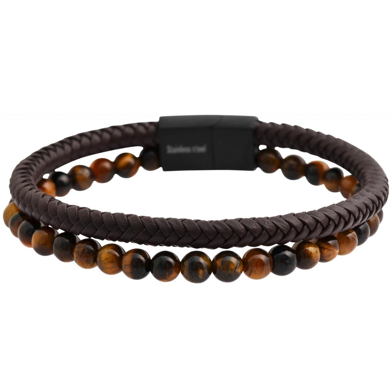 Akzent® Pulsera em Couro Genuíno com Contas Olho Tigre