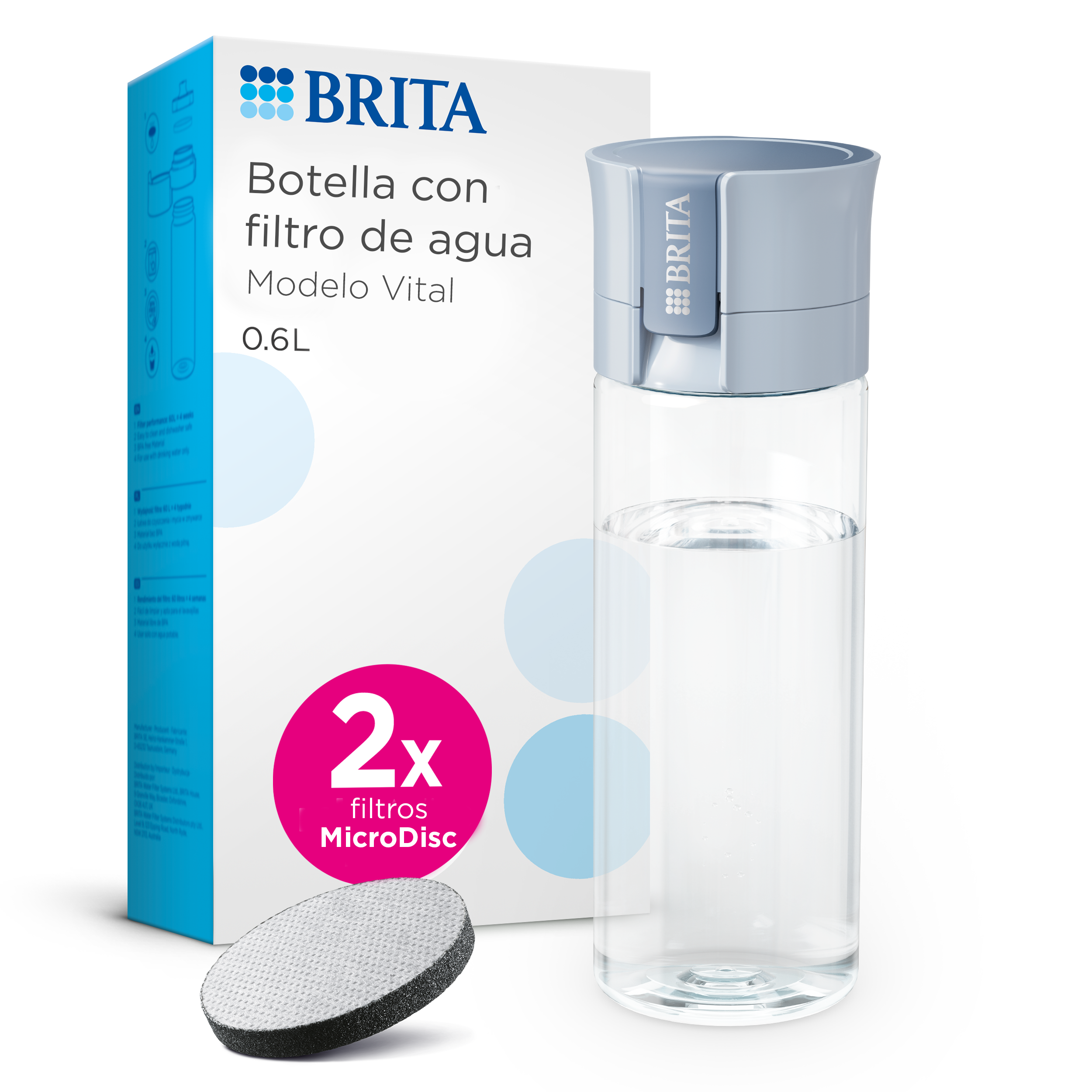 BRITA botella con filtro de agua modelo Vital (600 ml), x2 filtros BRITA MicroDisc Azul Claro, para hidratarse en cualquier lugar, elimina cloro, impurezas, hormonas y preserva minerales