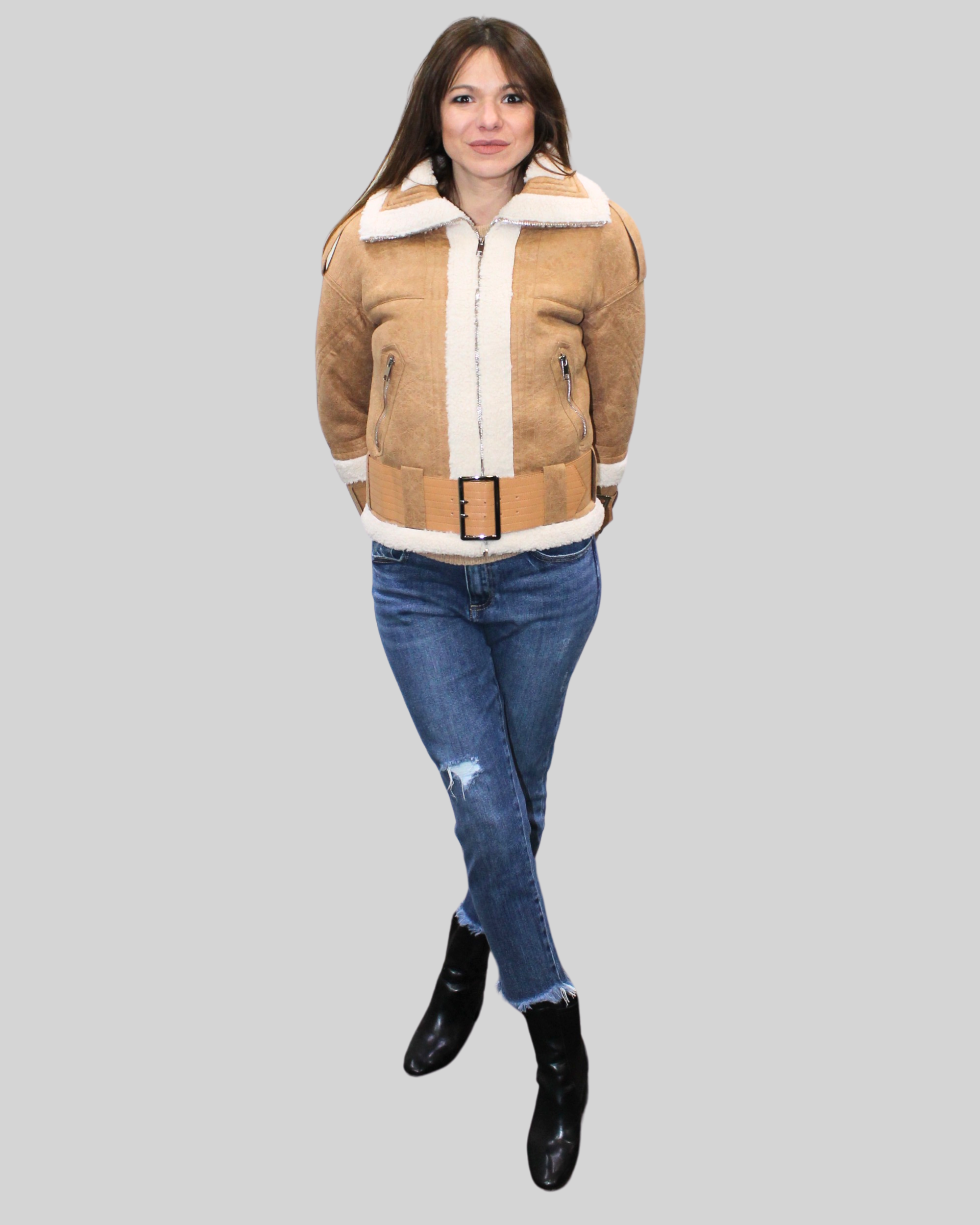 Chaqueta aviadora mujer, cazadora borrego, cinturón hebilla, material aterciopelado, corte entallado, estilo urbano casual, color camel, talla S, ideal días fríos, cómoda, moderna, versátil ✅Entrega 24/48h