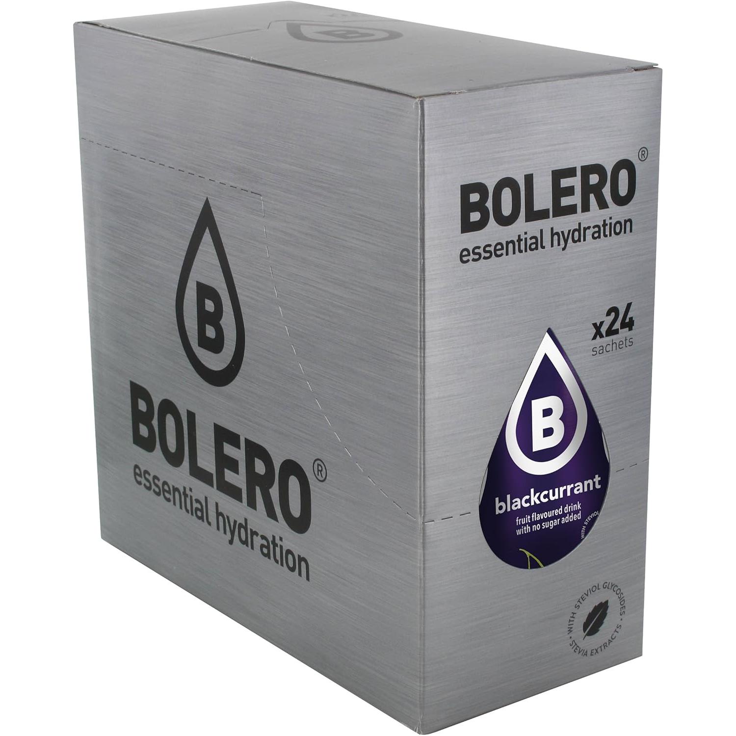 Bolero Bebida Instantánea Sabor Grosella Negra, Caja de 24x9g. Preparado en polvo sin azúcar, con Stevia y Vitamina C para una hidratación saludable, baja en calorías y llena de sabor.