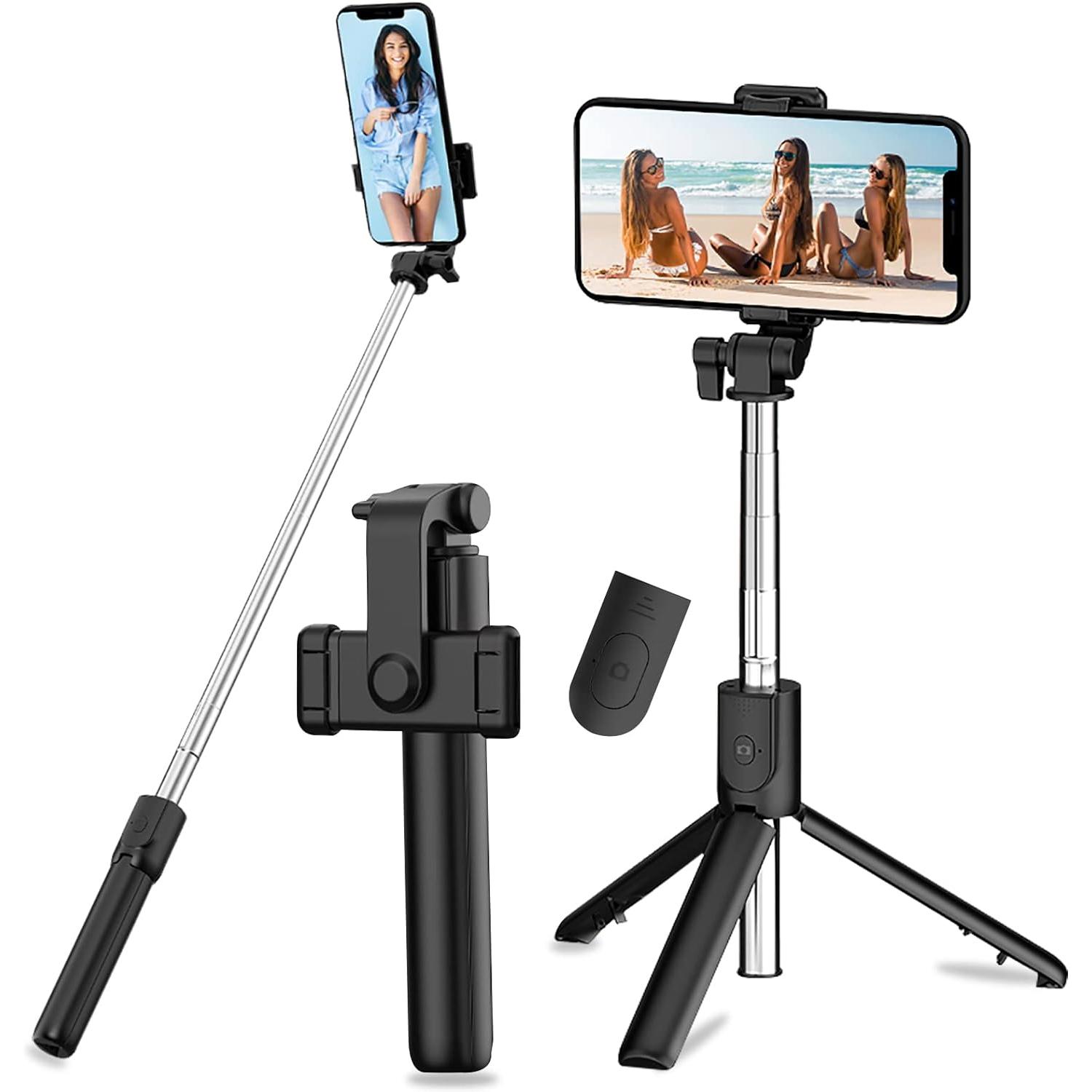 Palo Selfie Trípode, Trípode para Movil, Mini trípode de palo de Selfie para mesa, Mini Extensible 4 en1 Selfie Stick de Aluminio con Mando a Distancia Inalámbrico, Trípode Portátil, Soporte Giratorio de 360° para movil.