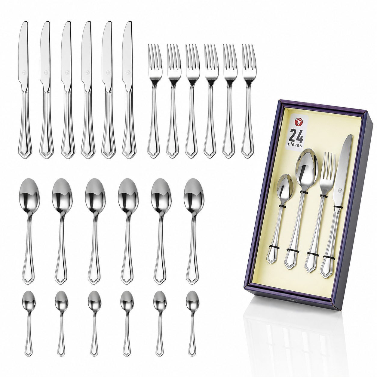 Mr.Spoon Cubertería Profesional Plateado Brillo 24 Piezas Acero Inoxidable 18/0 para 6 Personas Hostelería, Juego de Cubiertos con cuchillo, tenedor, cuchara y cucharilla para Restaurante, Bar y Hotel, Resistente, Apta Lavavajillas, Compra al por Mayor