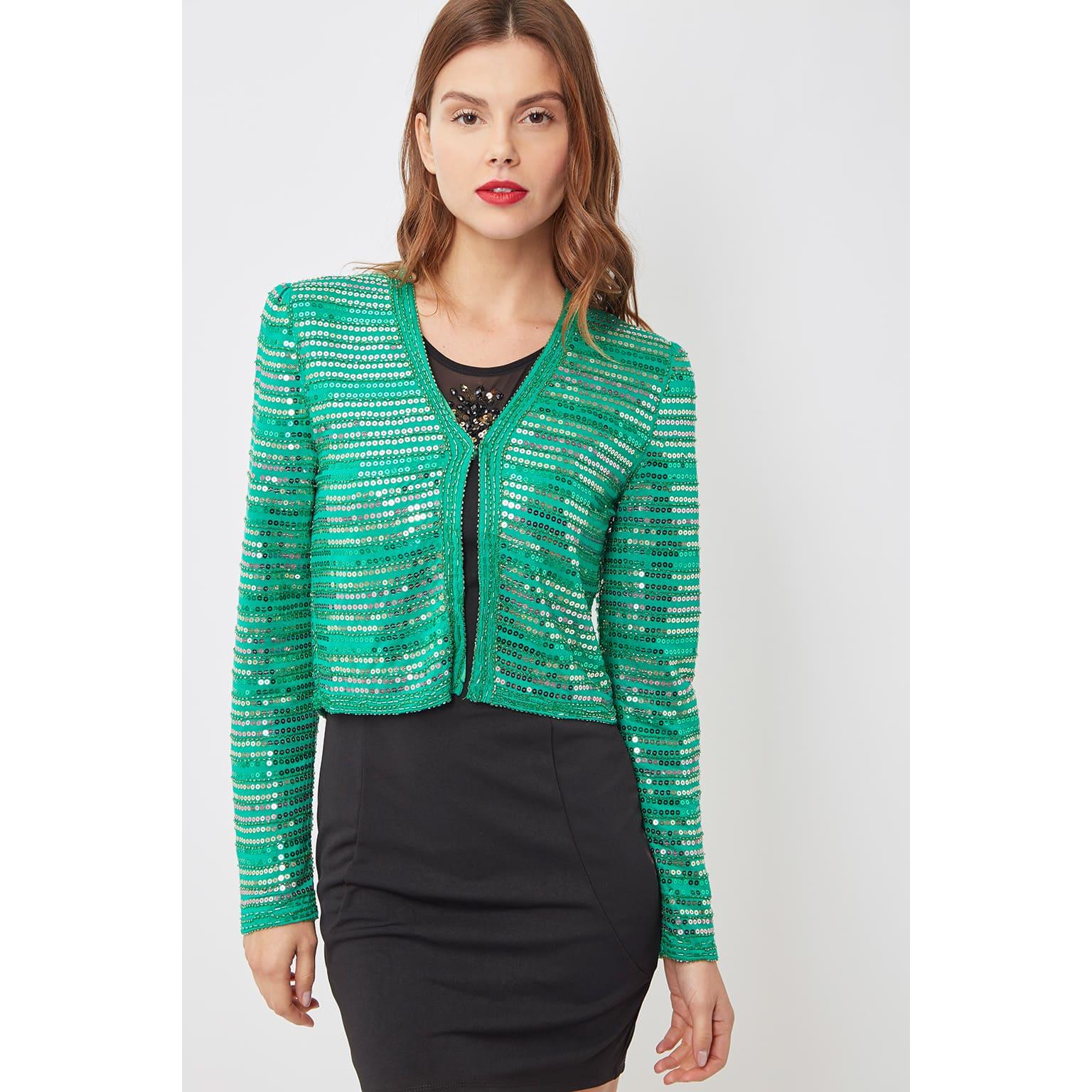 Chaqueta corta mujer lentejuelas, blazer brillante, ideal look de fiesta o eventos, diseño crop elegante, tejido con textura, verde, talla S, versátil y sofisticada, combina vestidos o jeans, ✅Entrega 24/48h