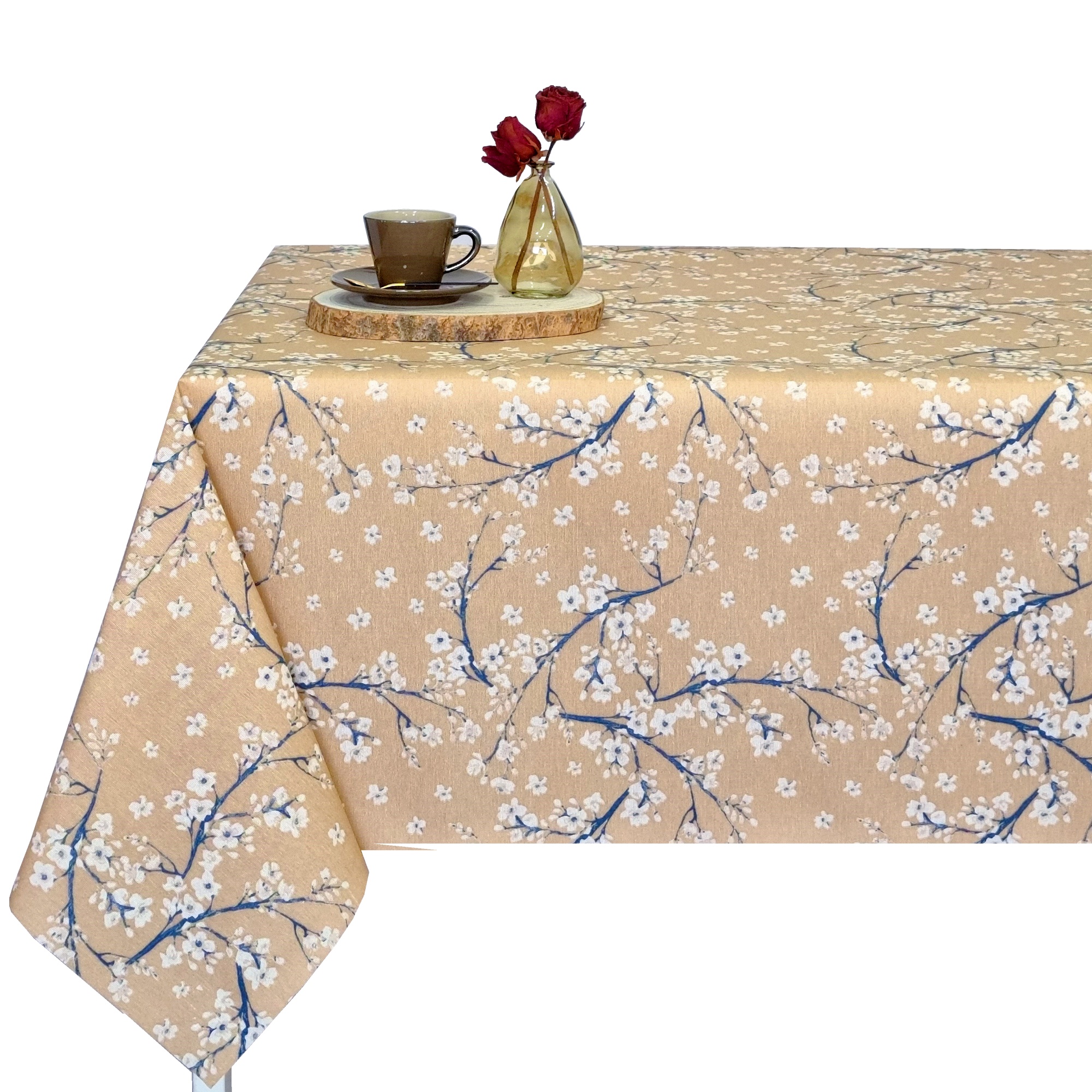Mantel tela textil resinado suave, rectangular, Ideal para el hogar, Cocina, Comedor, Jardin, Balcon, Salon y picnic. Fácil de limpiar, Impermeable, moderno, elegantes, Flores, Cerezo, flor de cerezo, Beige, Amarillo, Rojo, Azul, Gris.