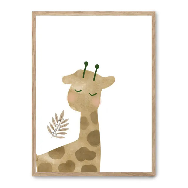 Cuadro giraffe i 30x40cm, Póster impreso en papel de primera calidad de 180gr, montado sobre marco de madera MDF acabado roble., Infantil - Bebé