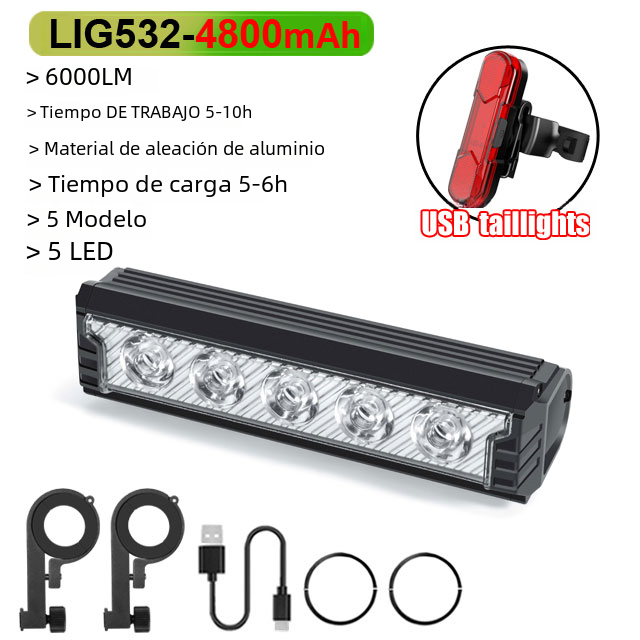 Luz de Bicicleta Frontal 6000Lumen Lámpara de Ciclismo MTB y Carretera Impermeable con Carga USB Deportiva y Exterior