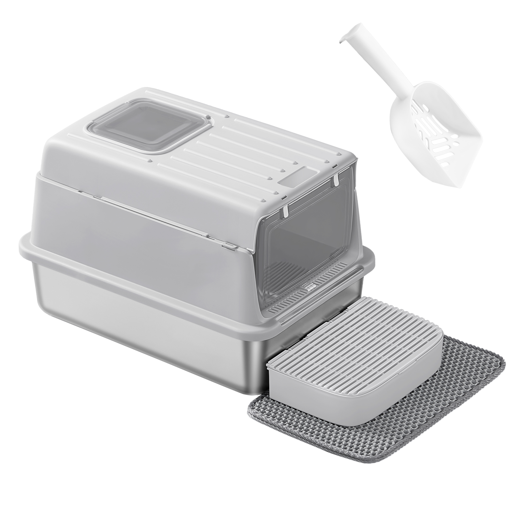Feandrea Arenero para Gatos de Acero Inoxidable, Caja de Arena con Tapa, Incluye Pala, Alfombrilla y Dos Accesos, para Gatos de hasta 15 kg, Gris Claro/Gris Paloma