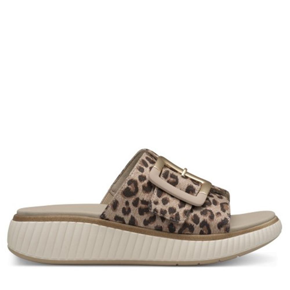 Cómoda  Cómoda chancla mujer de JANA 27265 suave tejido estampado leopardo y detalle hebilla, ajuste velcro. Planta anatómica acolchada. Cuña ligera y antideslizante Altura Tacón bajo (3-5 cm) Referencia 27265-44-557