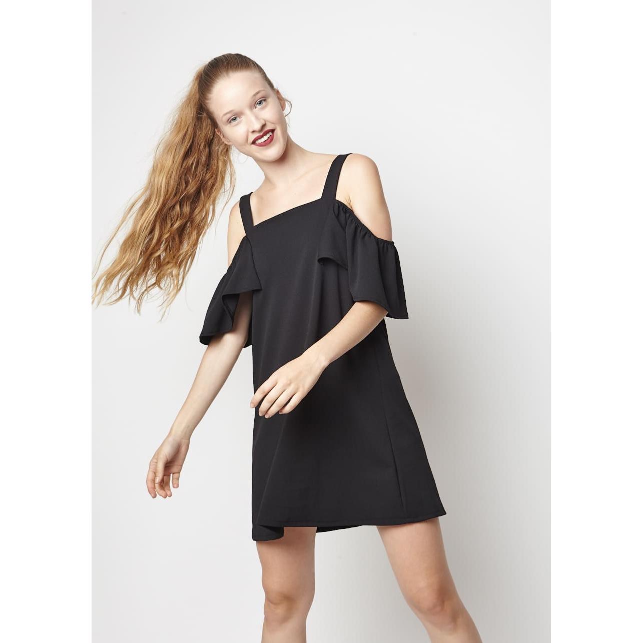 Vestido corto mujer, dress mini hombros descubiertos, tirantes anchos, volantes, estilo casual elegante, material ligero, talla L, negro, cómodo versátil, ideal eventos urbanos y salidas, variaciones colores ✅Entrega 24/48h