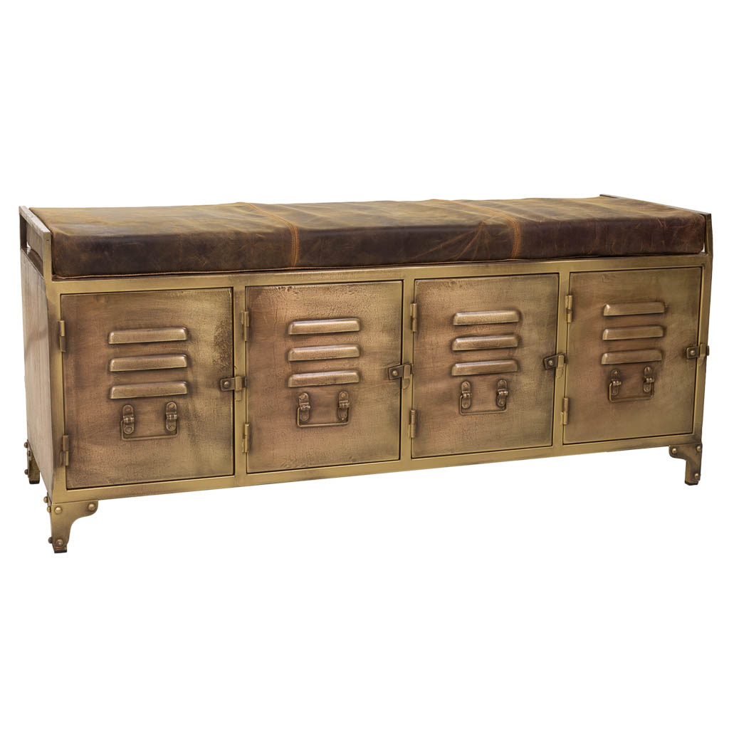 Wonderlust Deco - Banco de metal y piel marrón 120x40x51 Dorado 120x40x51h cm