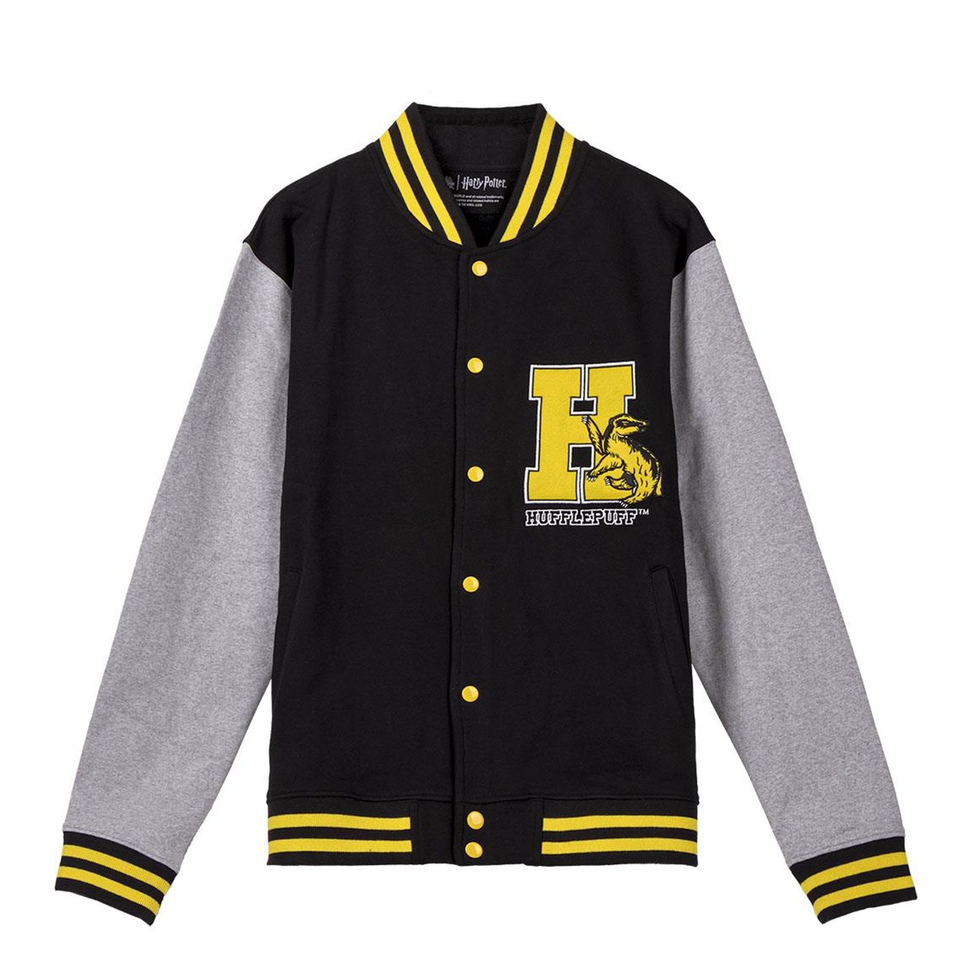 Sudadera Universitaria Harry Potter para Adultos, Sudadera Sin Capucha Estilo College, Negra y Gris con Cierre de Botones, Detalle Bordado de Hufflepuff, Ideal para Fans y Uso Diario