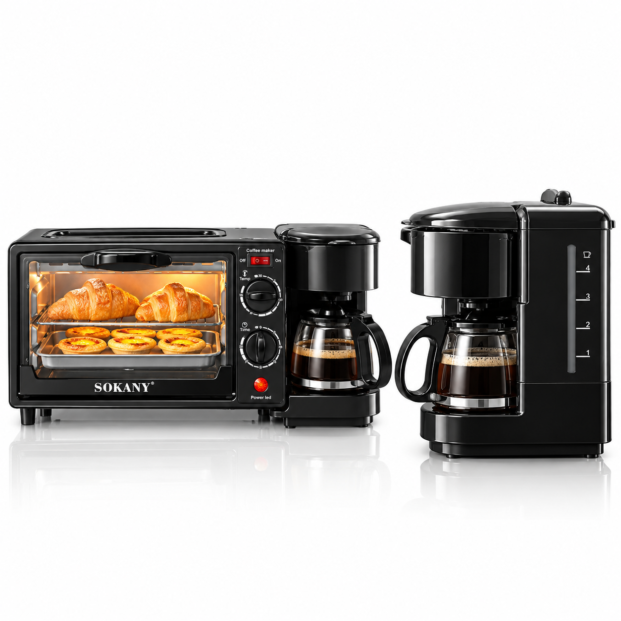 SOKANY Máquina de Desayuno 3 en 1, Horno Eléctrico con Cafetera de Goteo y Plancha Grill, Estación de Desayuno Multifunción para Tostar, Hornear, Preparar Café y Cocinar