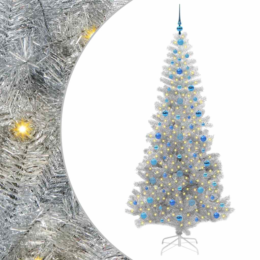 vidaXL Árbol de Navidad Plateado 210 cm PET con LED y bolas