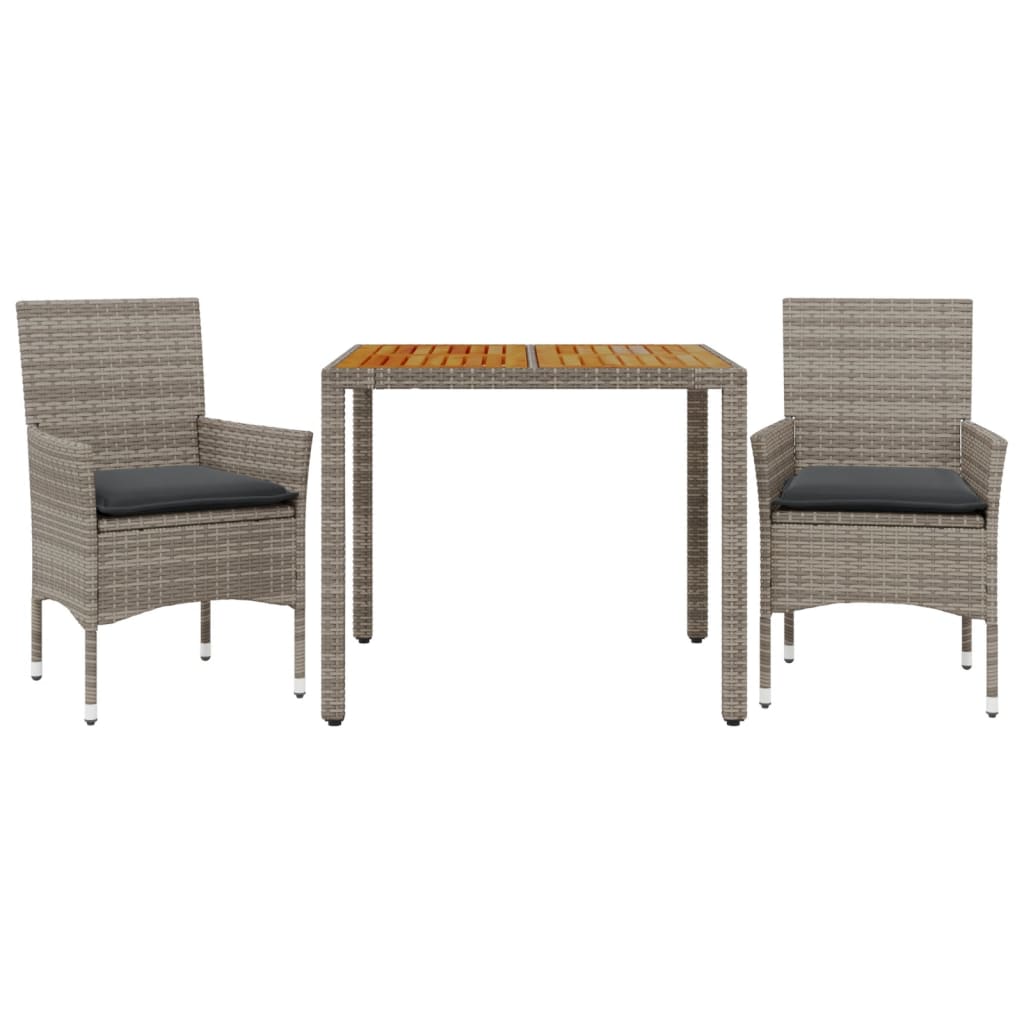 vidaXL Set de comedor jardín 3 pzas con cojines ratán PE acacia gris