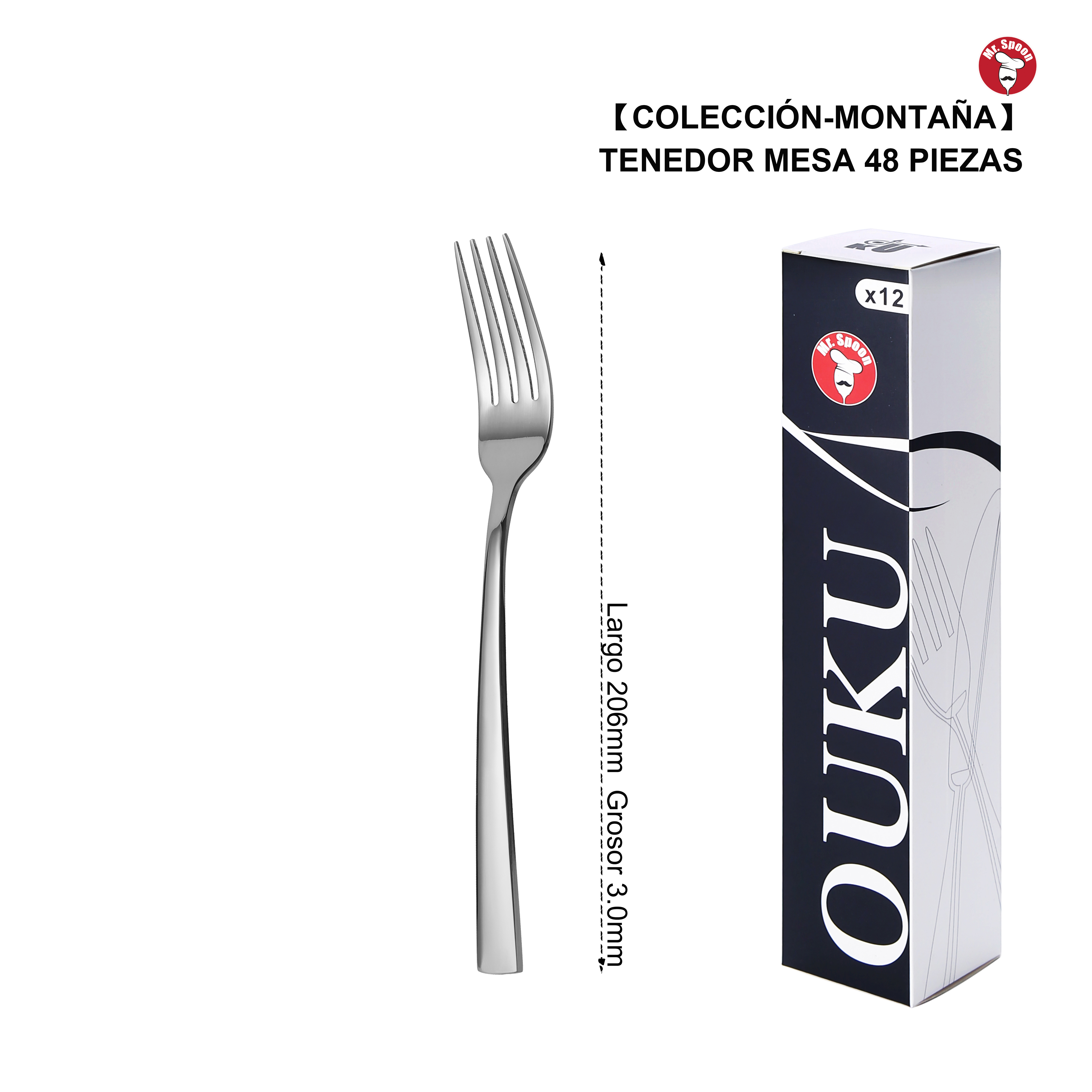 Mr.Spoon Serie Montaña Tenedores 12, 48 o 120 piezas,Acero inoxidable 18/0,Económico y funcional,Tenedor mesa largo 206mm,tenedor fruta 176mm,tenedor postre 137mm,Mango monobloque,Apto para lavavajillas,Empaque ecológico,Para casa,hotel,restaurante