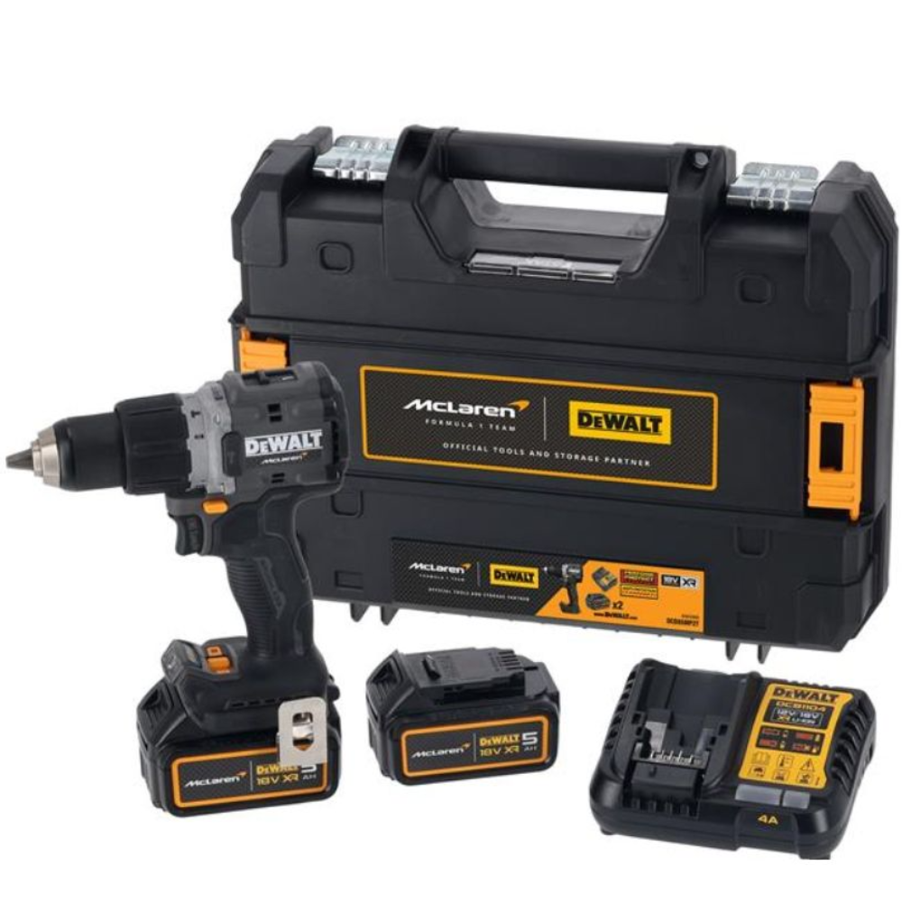 DEWALT DCD85MP2T-QW - Taladro Percutor McLaren sin escobillas XR 18V 13mm con 2 baterias 5Ah y maletin TSTAK