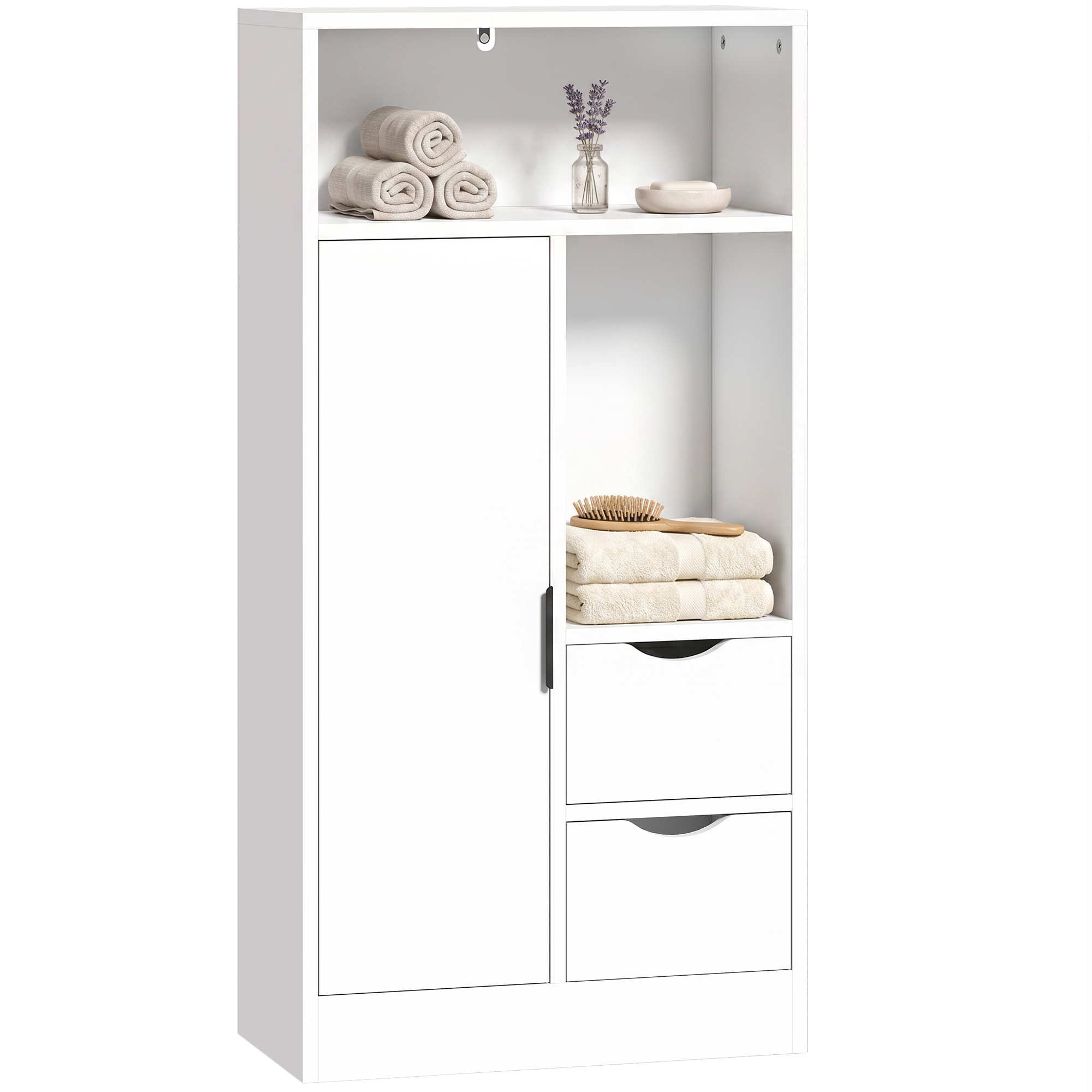 HOMCOM Mueble de Baño Estrecho Armario de Baño con 2 Cajones Compartimento Abierto y Estante Ajustable para Espacio Pequeño Cocina Salón 50x25x100 cm Blanco