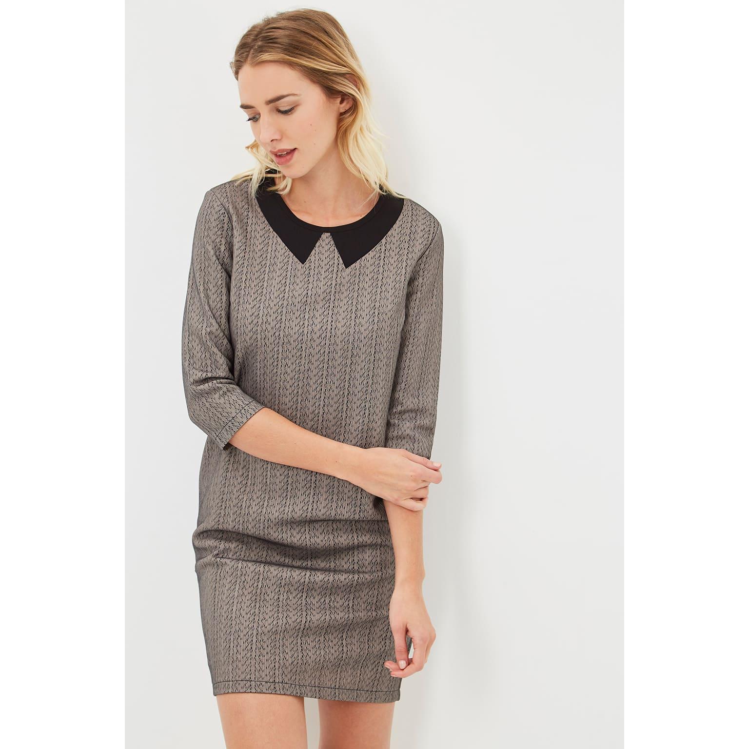 Vestido corto mujer, dress outfit La Morena LA-120001, manga 3/4, cuello redondo contraste, estampado geométrico, forro interior, cierre cremallera trasera, estilo elegante, talla 42, beige ✅Entrega 24/48h