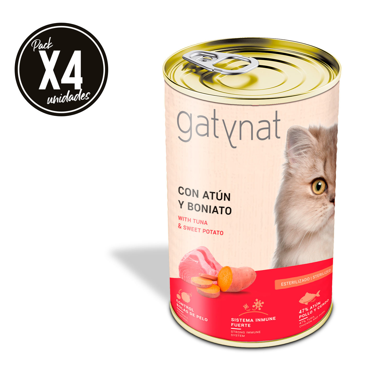 Dibaq Gatynat, atún y boniato, comida húmeda para gatos, para gatos, pack 4 uds x 400 gr
