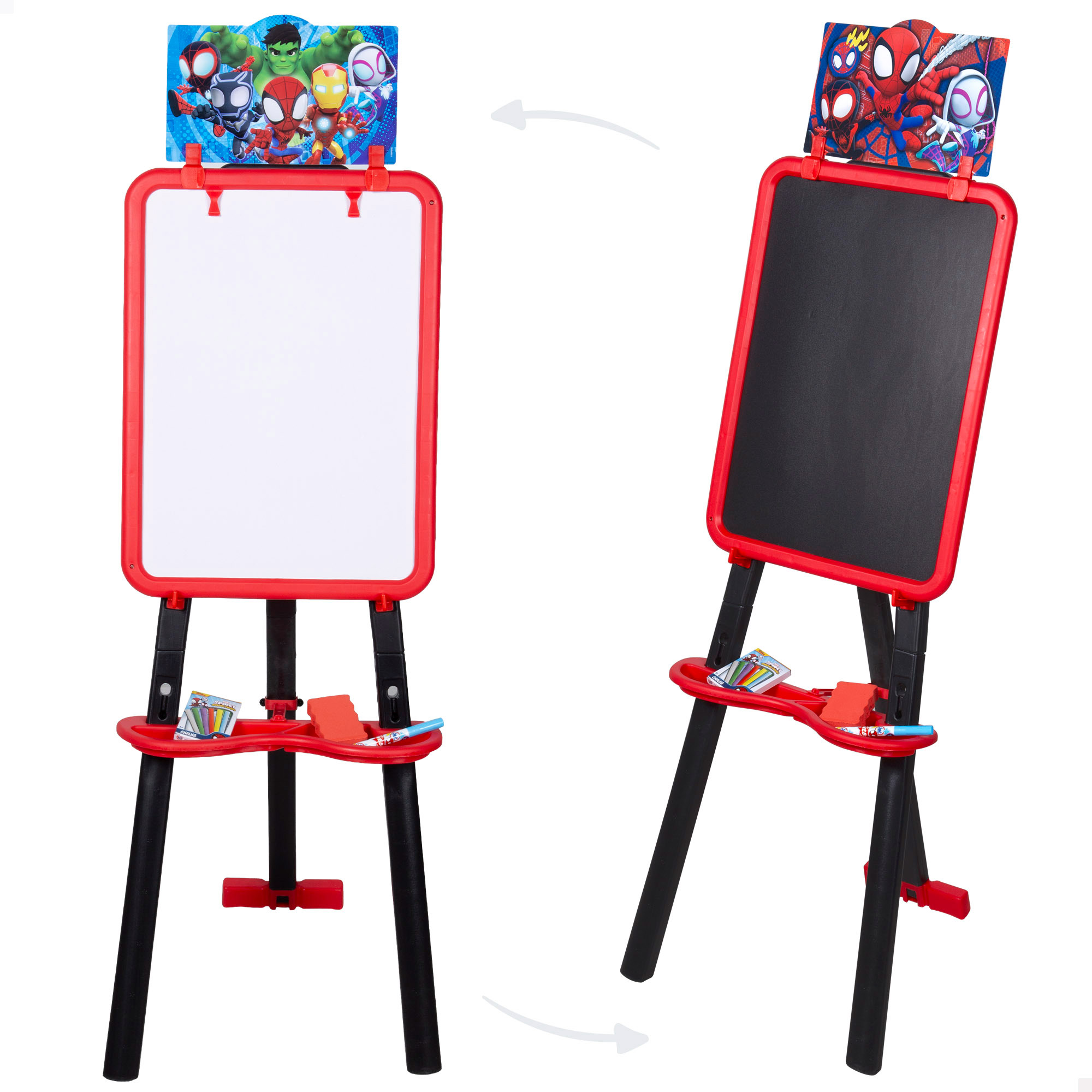 Spidey - Pizarra 2 en 1 con caballete, licencia oficial Marvel, pizarra blanca para rotulador, pizarra negra para tizas, incluye rotulador, borrador y tizas de colores, dibujos animados, creatividad, motricidad fina, + 3 años
