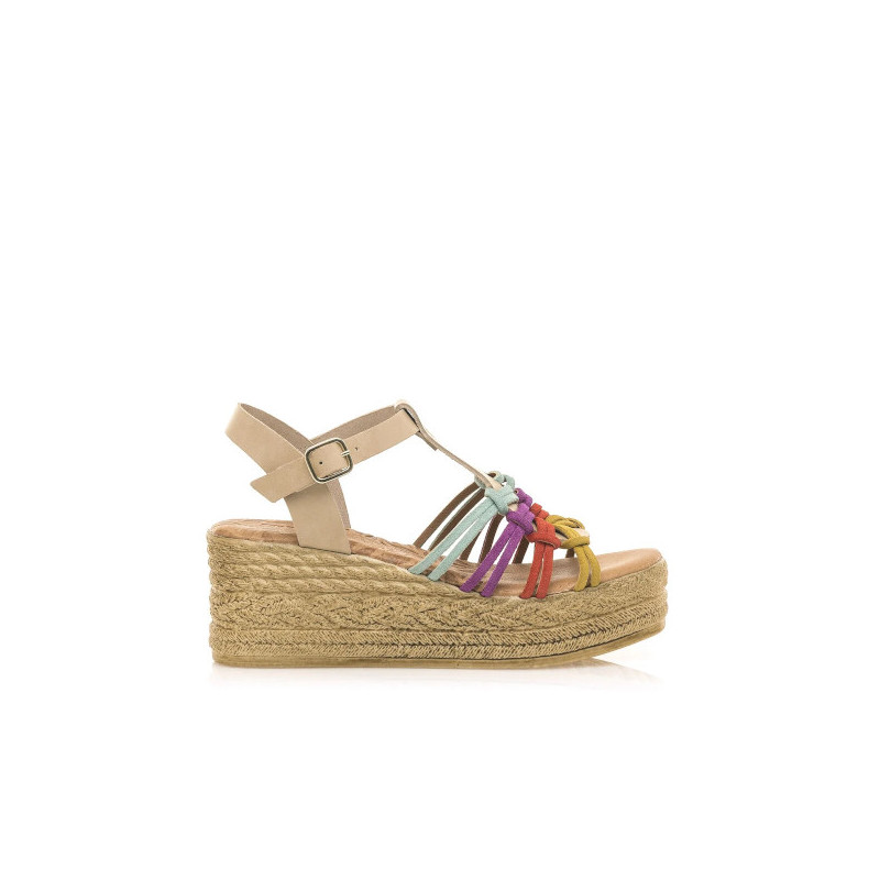 sandalia cuña yute con tiras anudadas multicolor