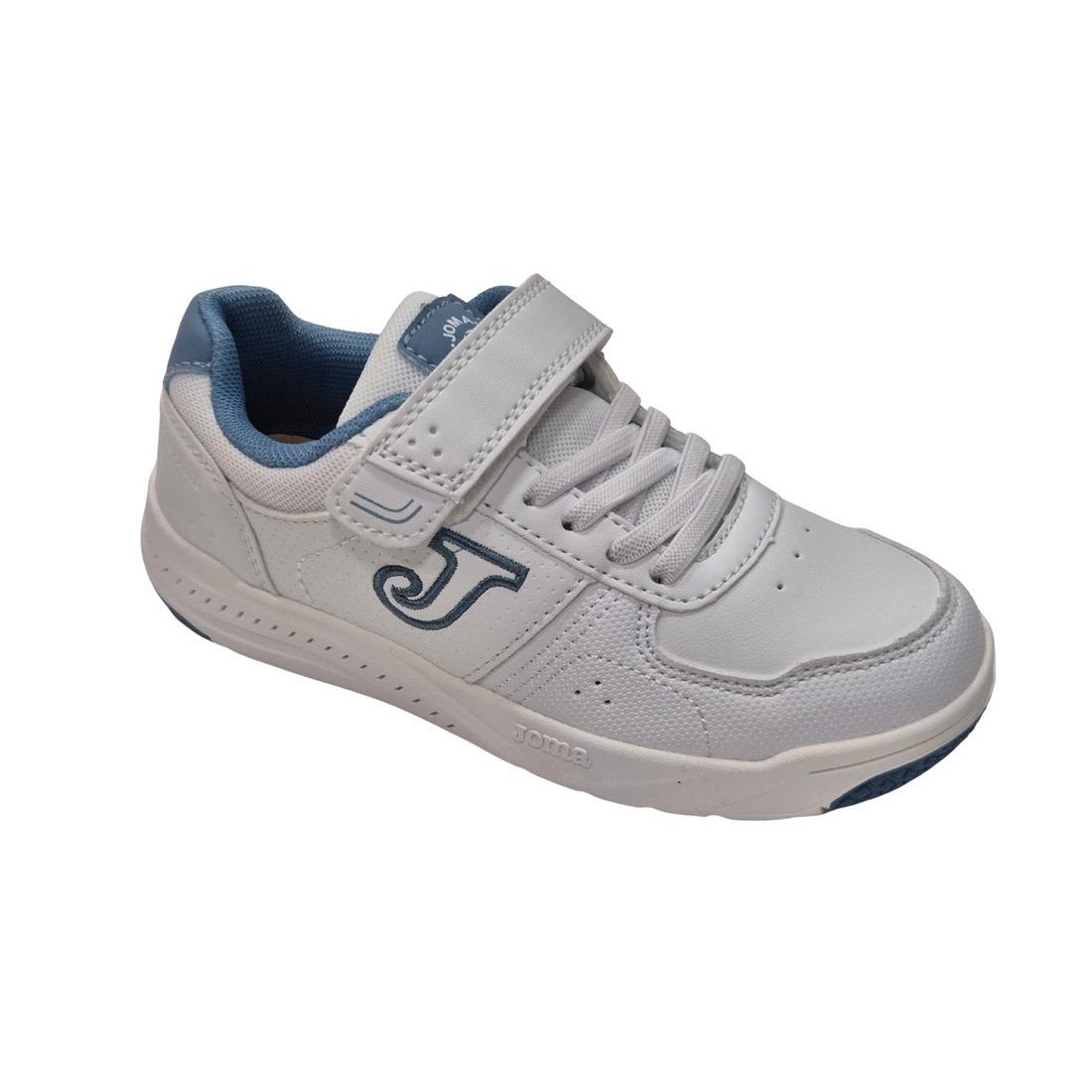 Zapatillas Deportivas Con Velcro Y Elasticos Para Niñas, Marca Joma, En Color Blanco Con Azul. Joma Harvard