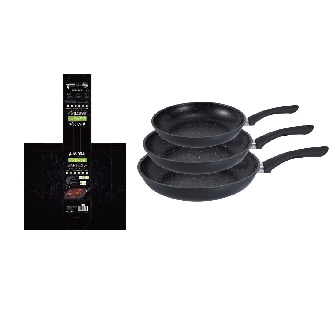 Sartén De Mármol Anti-Adherente. Set De 3 Piezas. Compatible Con Placa Eléctrica, Inducción Cerámica Y Gas. Tamaños 20-24-28 CM.