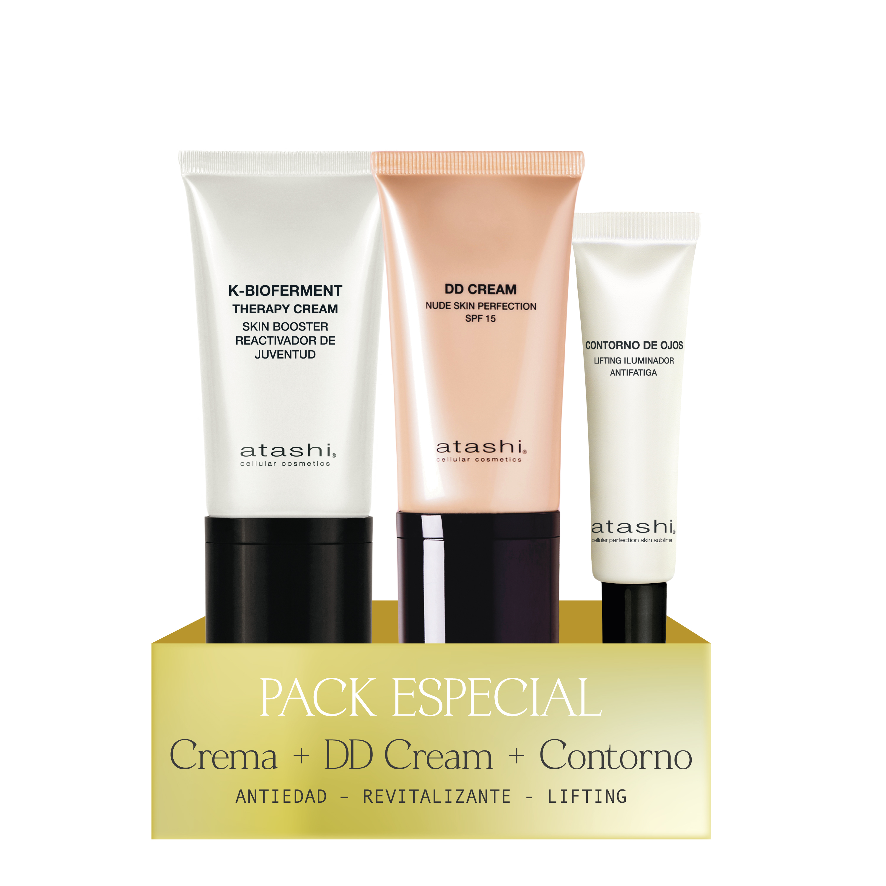 Pack Atashi - K-Bioferment crema revitalizante antiedad multicorrectora 50ml +dd cream tono medio tratamiento antiedad con color 50ml + contorno de ojos lifting iluminador reductor bolsas y ojeras 15ml. Efecto Buena Cara. No Make Up - Make Up