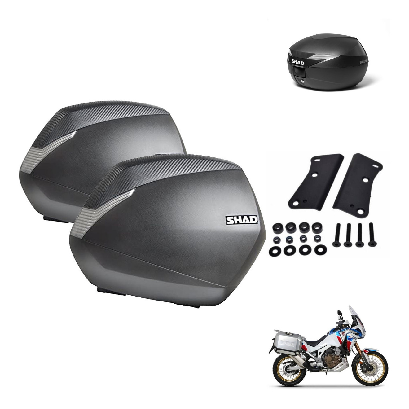 Sh39 Trunk with 4P Mount + Mount Kit by Tudetic for Honda Africa Twin CRF1100L 2020-2026, a lockable motorcycle trunk made of durable ABS plastic, ideal for helmet storage and equipped with quick release functionality.
