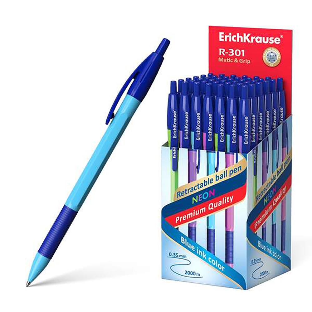 Erichkrause R-301 Neon Matic&Grip 50 Boligrafos Retractiles - Punta de 0.7mm - Trazo 0.35mm aprox. - Tinta de Secado Rapido - Cuerpo Hexagonal en Colores Surtidos - Color Azul