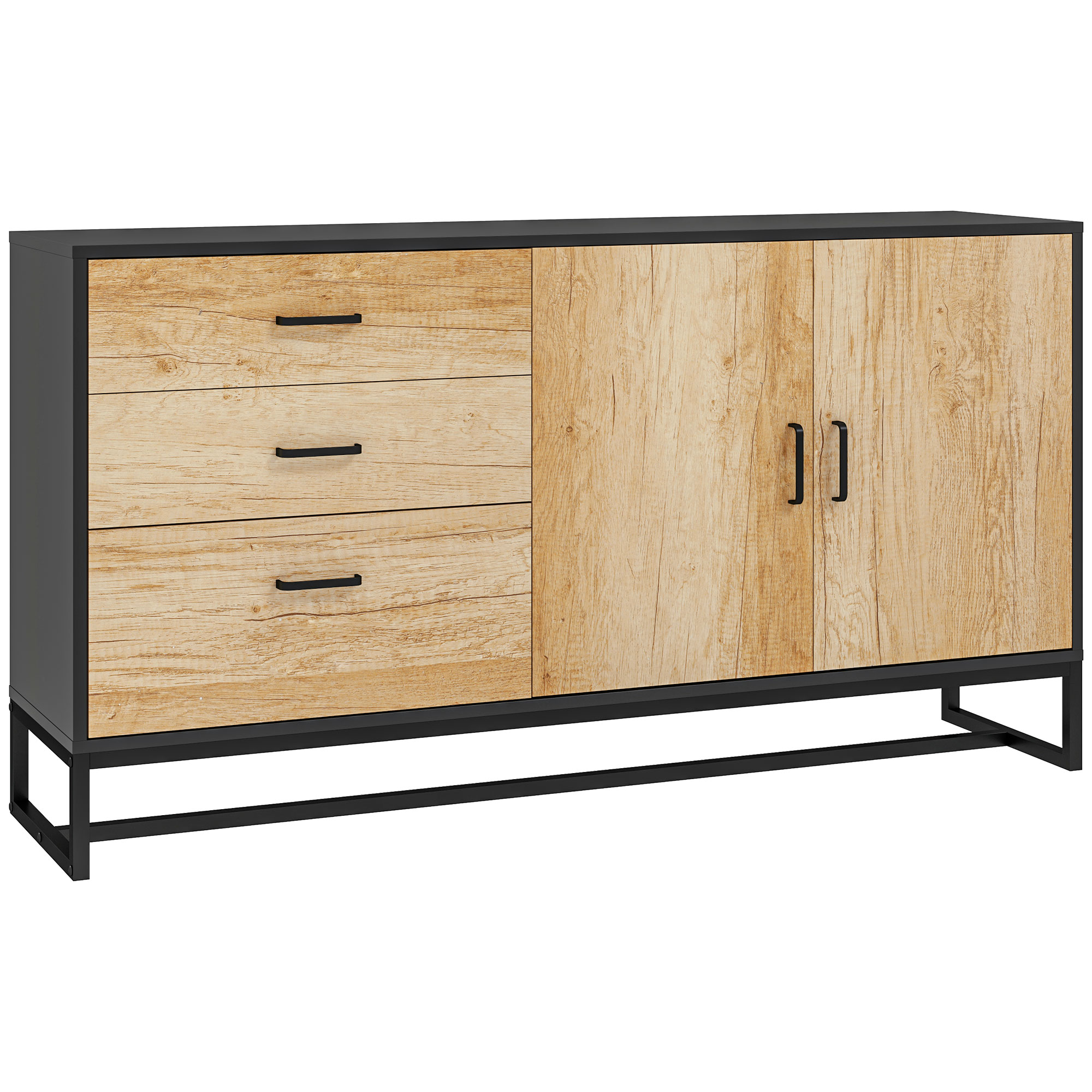 Aparador HOMCOM Mueble de almacenamiento para sala de estar con armario, 3 cajones y estante ajustable, patas de acero, manijas de aleación de aluminio, para sala de estar, comedor, sol. 140 x 35 x 75 cm, madera natural